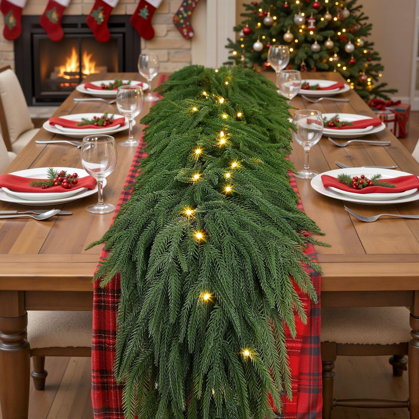9ft Artificial Christmas Garland with Lights, Real Touch Norfolk Pine Garland - Pine Garlands, Prelit Green Christmas Garland for Mantle, Table, Fireplace, Indoor, Outdoor Christmas Decorations