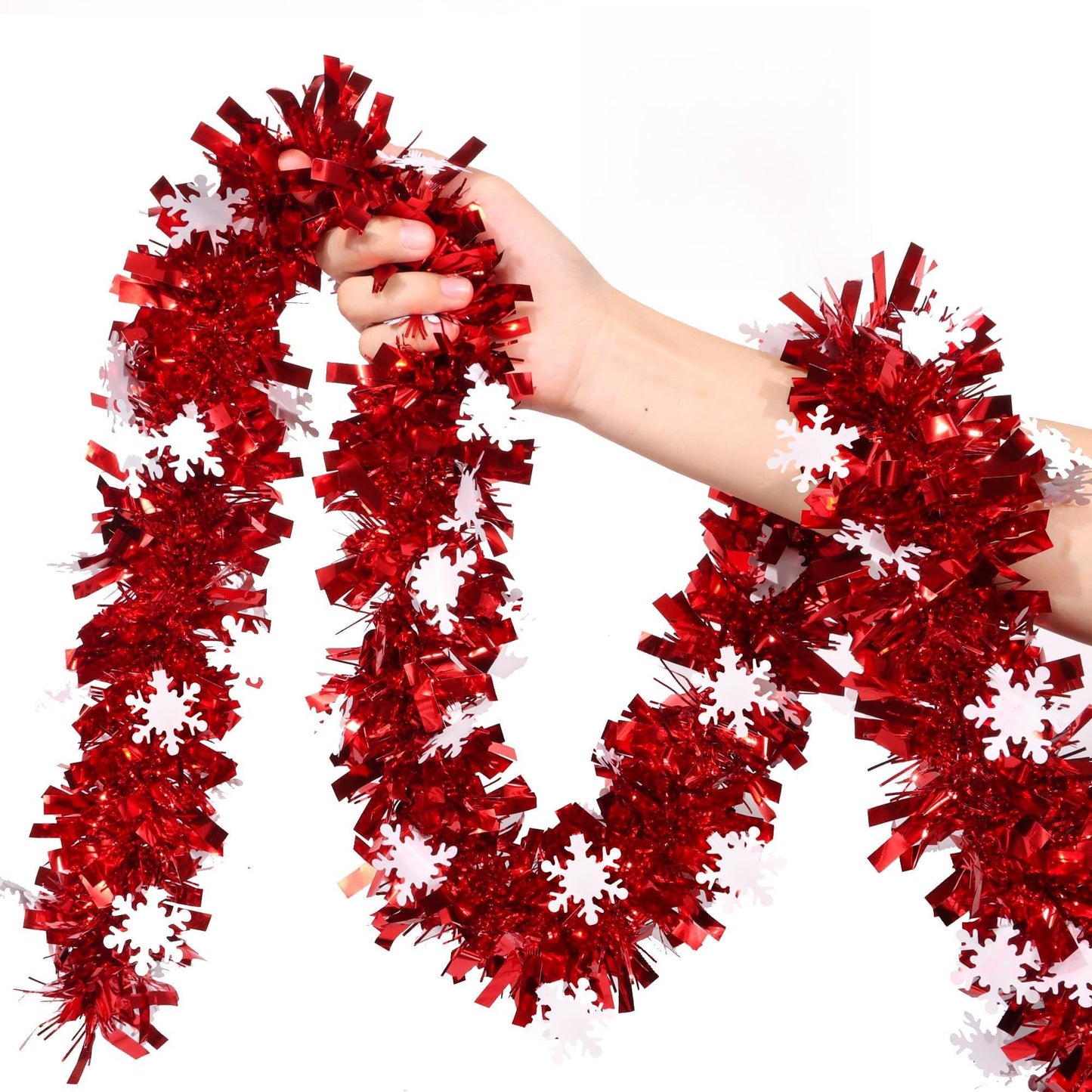 50 Feet Red Christmas Tinsel Garland with Snowflake Ornaments Metallic Twist Shiny Xmas Decorations Tree Garlands for Home Mantle Office Stair Indoor Outdoor Holiday Decor Party Supplies