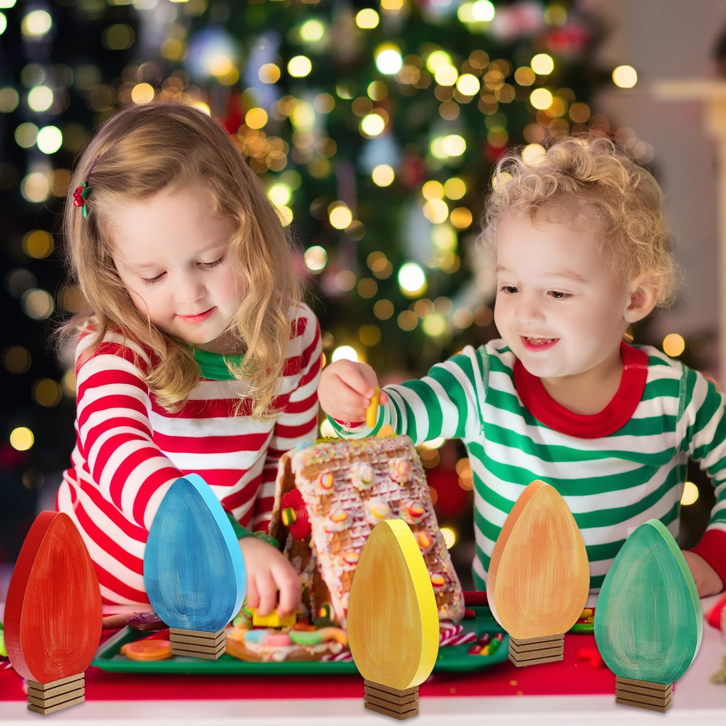 Whaline 6 Pcs Christmas Wood Ornaments Tabletop Signs Orange Blue Red Green White Yellow Wooden Light Bulb Desktop Centerpieces Crafts for Xmas Tree Tiered Tray Fireplace Holiday Winter Decor