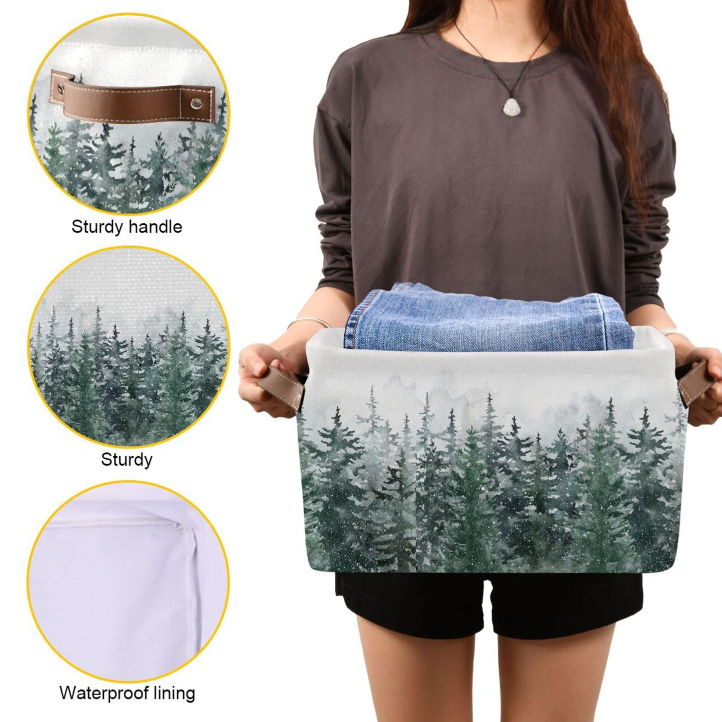 Winter Pine Forest Tree Storage Basket with Waterproof Liner and PU Handles Christmas Snow Scene Storage Bins Boxes 14.2" Collapsible Decorative Organizer Baskets for Bedroom Closet Office 1 Pack