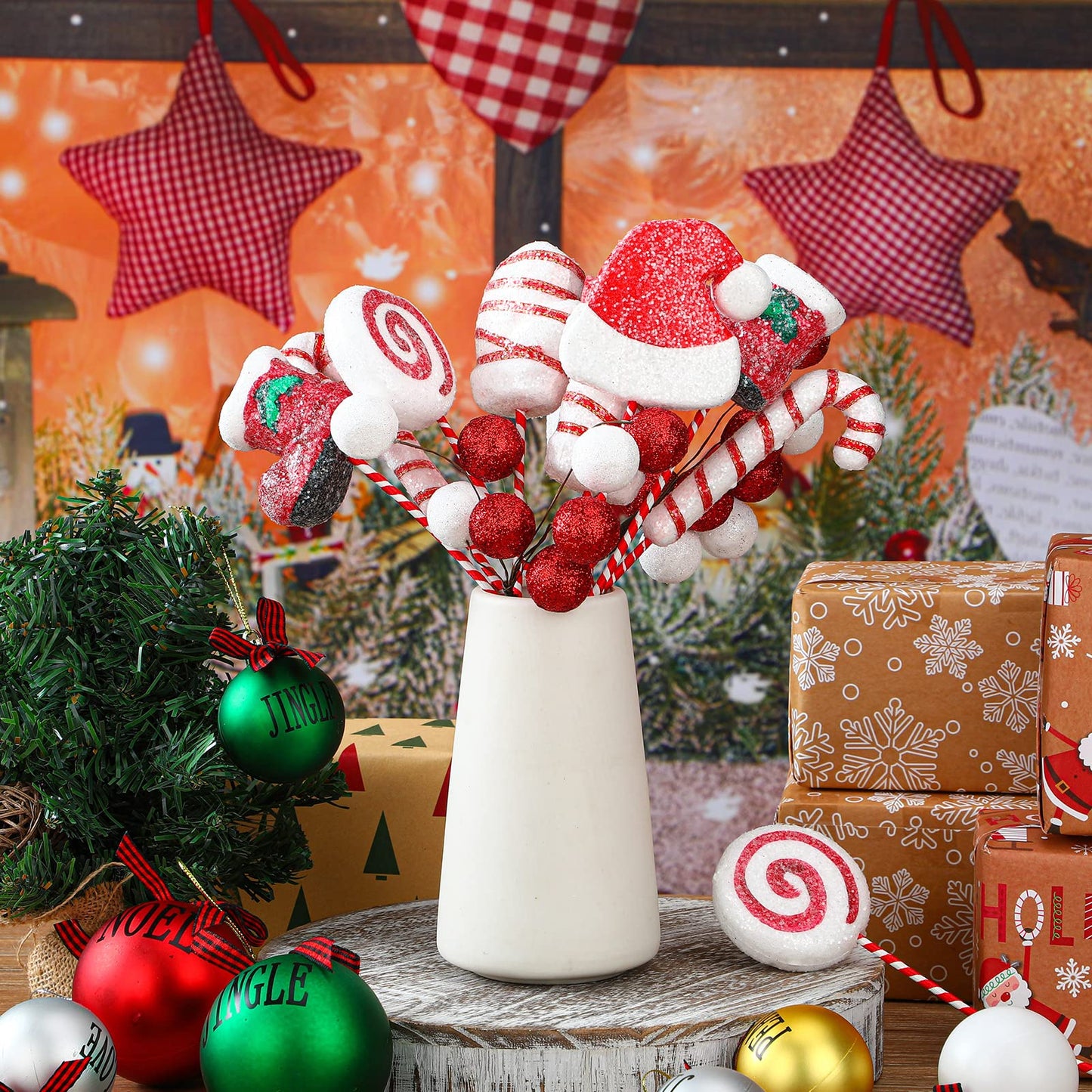 12 Pcs Christmas Candy Cane Ornaments Set Christmas Picks Glitter Lollipop Santa Hat Gloves Berries Boots Decoration with Red and White Stripes for Xmas Tree Wreath Party Supplies Vase Filler Crafts