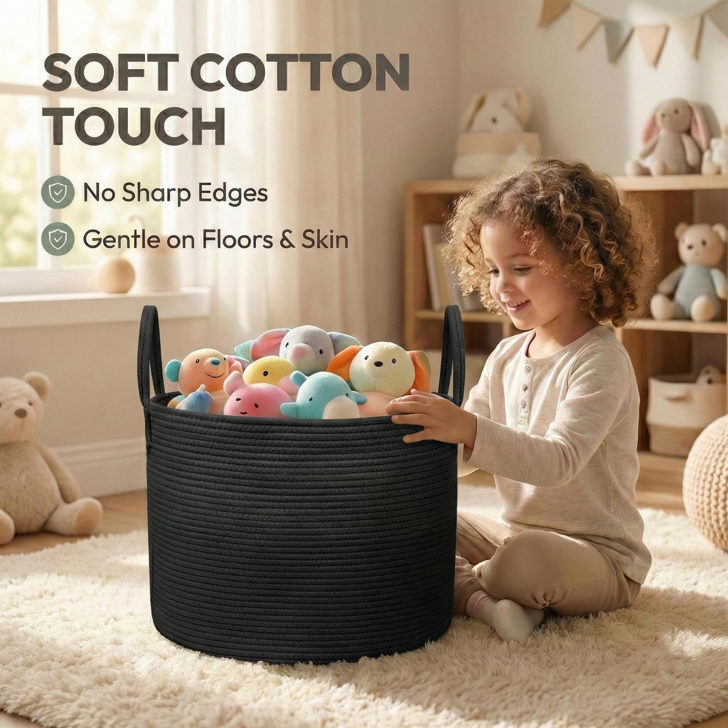 JMvicyroam 65L Extra Large Blanket Basket for Living Room - Woven Cotton Rope Laundry Hamper with Reinforced Handles - Storage Bin for Pillows, Comforters & Toys - Machine Washable,Black