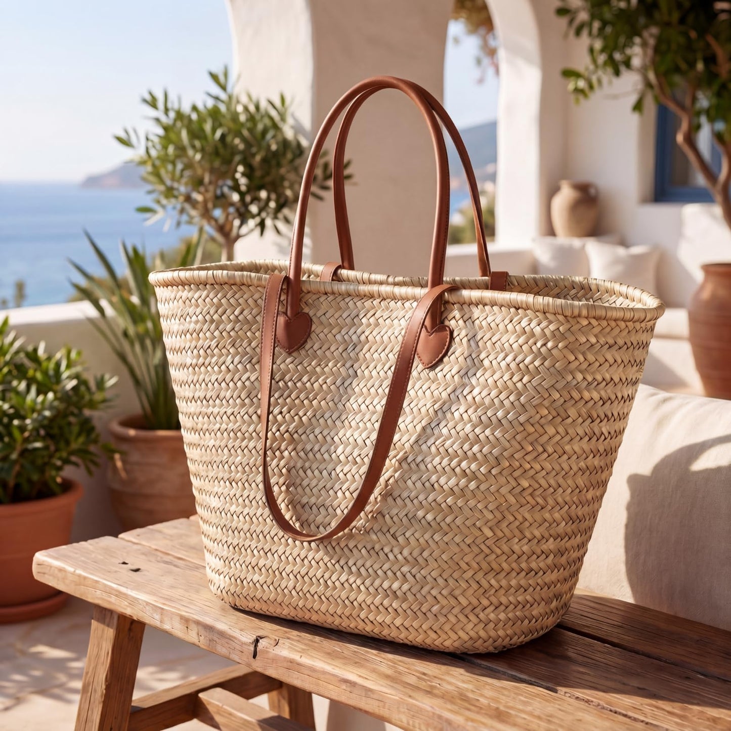 Klyyo Clyro Oversized French Straw Basket Tote Bag with Leather Handles & Drawstring Liner, 25" Large Woven Beach Bag for Summer, Picnic, Market, Grocery Shopping, Travel & Bridal Shower