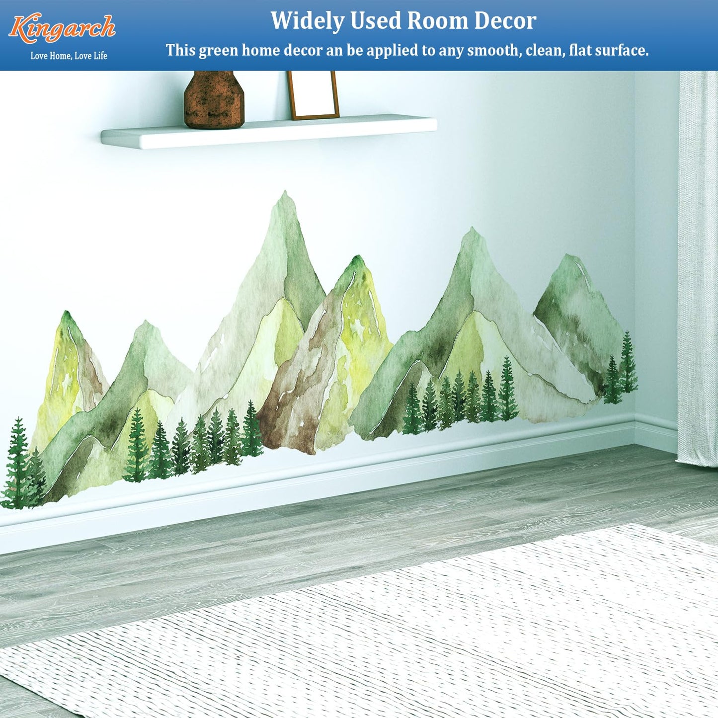 Large Mountain Wall Decals, Green Pine Tree Peel and Stick Vinyl Wall Stickers & Murals, Removable Home Room Wall Decor for Bedroom Living Room Bedroom Classroom Office Nursery