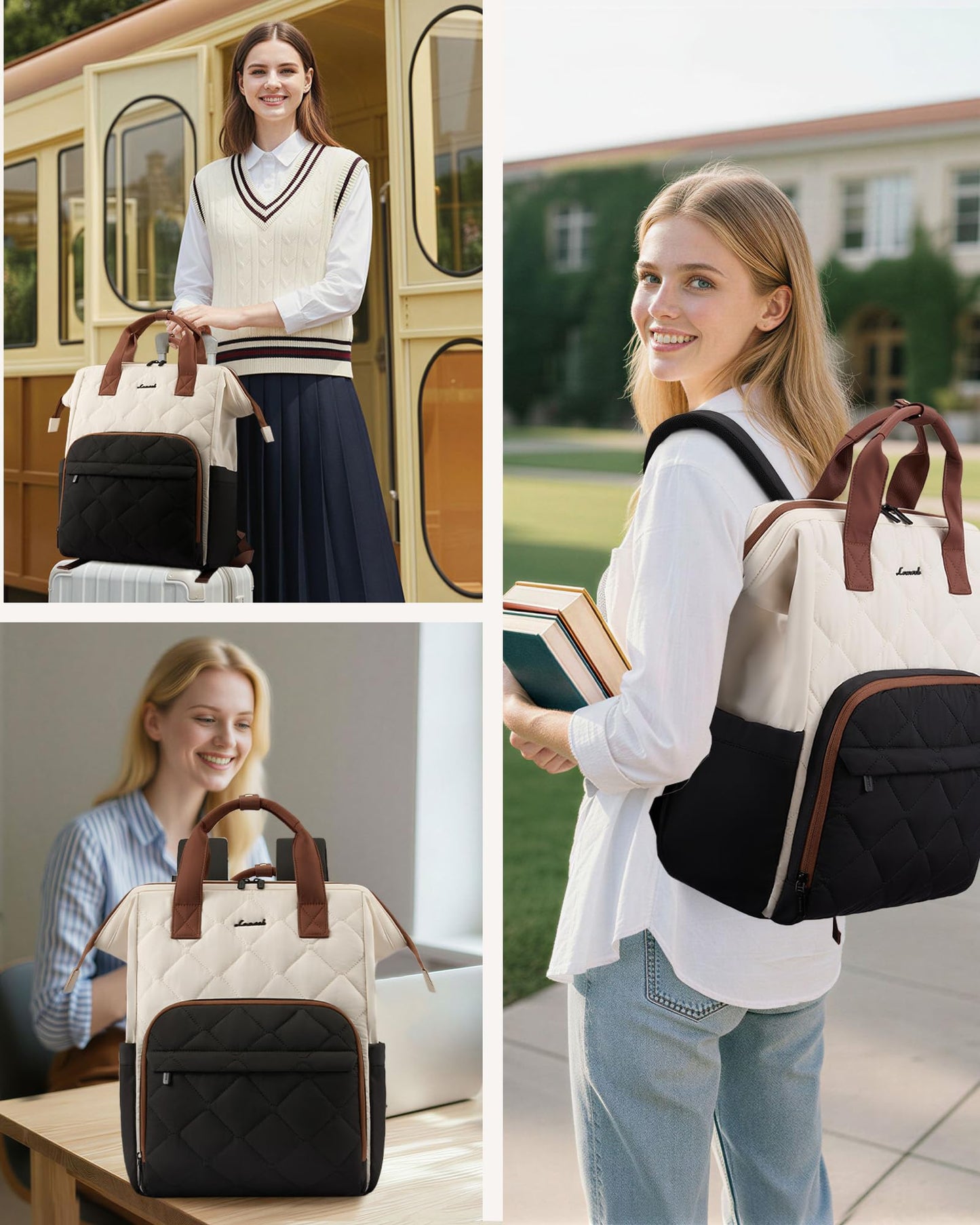 LOVEVOOK Laptop Backpack for Women, 15.6 inch Work Travel Backpack Purse, Puffer Quilted Laptop Backpack Casual Daypack for Nurse Teacher，Black-White-Gray