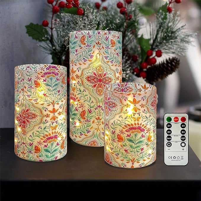 Printed Flameless Candles with String Lights - Set of 3 Colorful Battery Operated Candle Flickering Floral LED Pillar Candles with Timer Remote for Home Decor Romantic Ambiance,BFLY