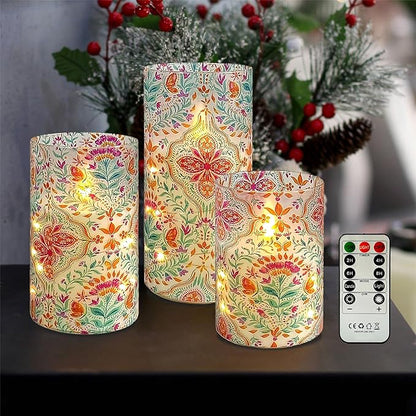 Printed Flameless Candles with String Lights - Set of 3 Colorful Battery Operated Candle Flickering Floral LED Pillar Candles with Timer Remote for Home Decor Romantic Ambiance,BFLY