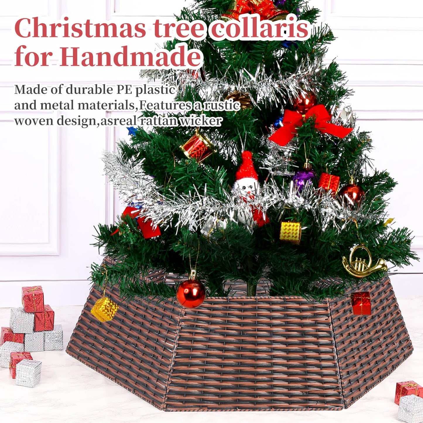 Vencer 34.2''Christmas Tree Collar,Plastic Rattan Xmas Tree Skirt,Rustic Decorations,Tree Skirt Base for Christmas Tree Decorations,Red&Black,CTS-RB008
