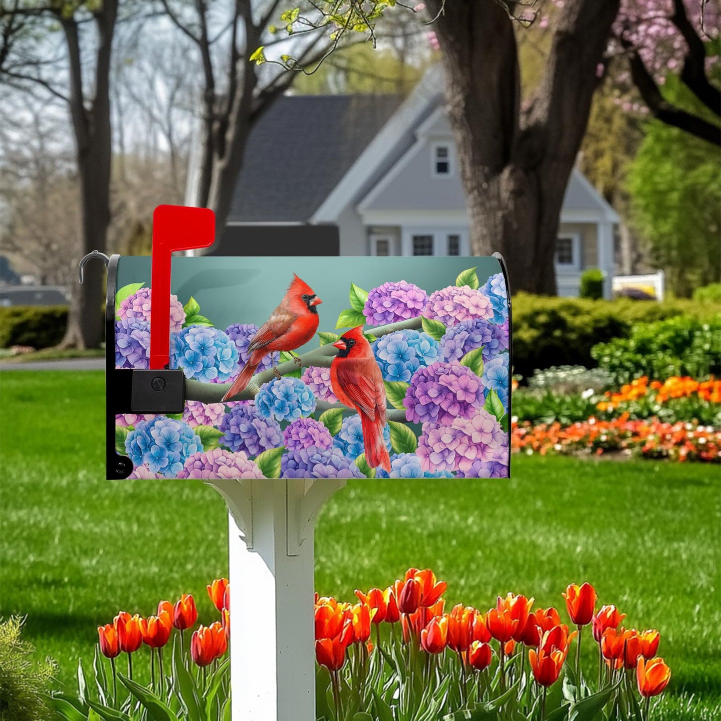 Summer Hydrangea Mailbox Cover Spring Cardinal Bird Mailbox Covers Magnetic Standard Size 21x18 in Blue Purple Floral Post Letter Box Cover Wrap for Home Farmhouse Garden Decor