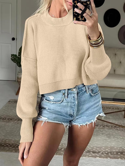 ANRABESS Womens Cropped Sweaters Oversized Crewneck Long Batwing Sleeve Side Slit Ribbed Knit Pullover Tops 2025 Fall Clothes