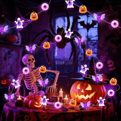 Halloween String Lights, 16 ft 50 LED Pumpkin Bat Eyes Ghost Battery Operated Lights for Lawns Garden Outdoor Holiday Party Halloween Decorations (1 Pack)