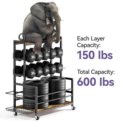 Dumbbell Rack with Wheels, 3-Tier Home Gym Storage Rack, Workout Equipment Organizer with Lockable Casters, Hooks, Side Basket and Wood Shelves