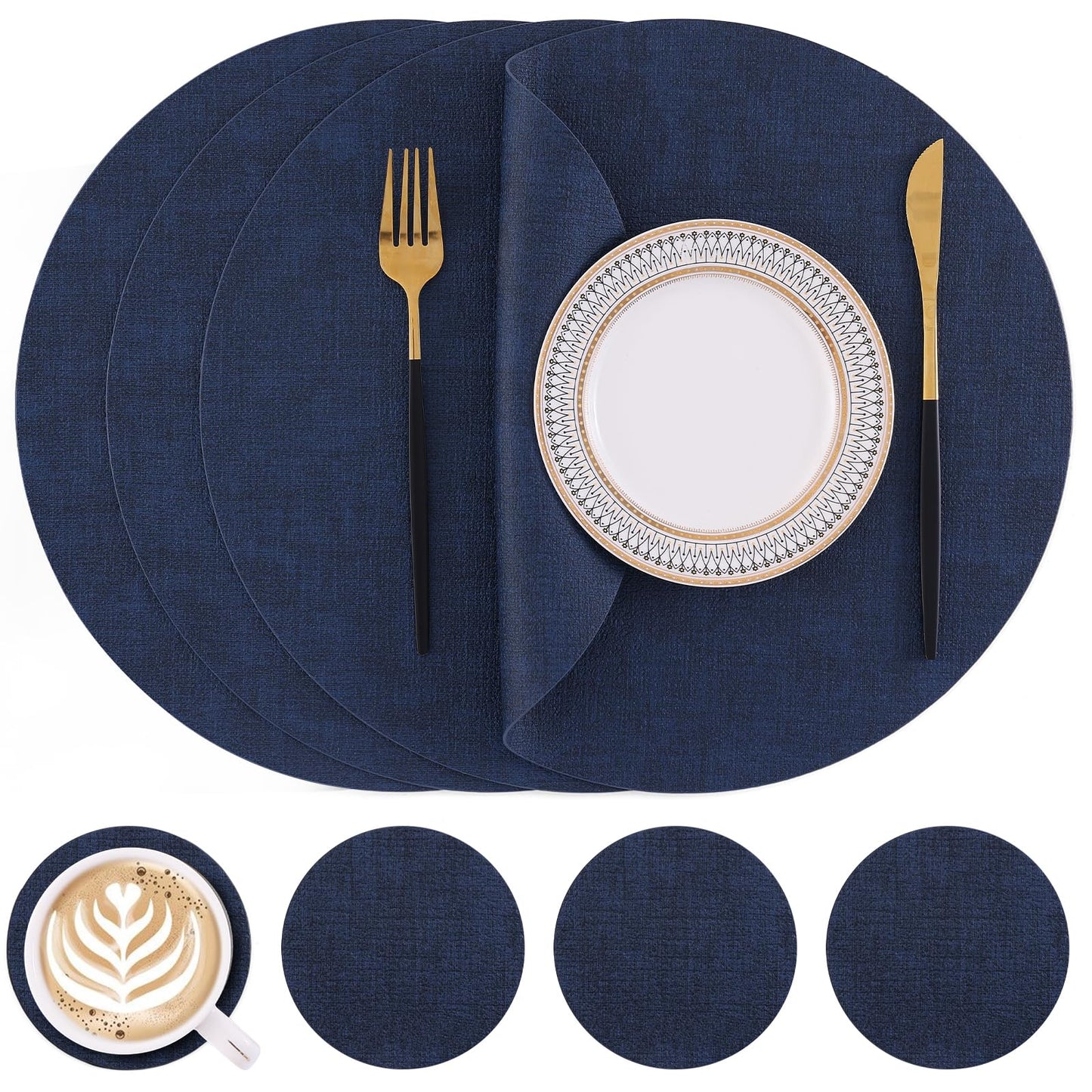 Homaxy Round Faux Leather Placemats and Coasters, Washable Dual-Side Table Mats, Wipeable Heat-Resistant Dining Place Mats for Outdoor and Indoor, Set of 4, Diameter 13 and 3.93 inch, Navy Blue
