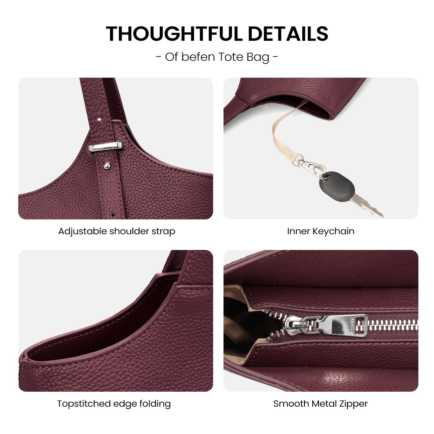befen Genuine Leather Tote Bags for Women Work, Real Burgundy Leather Shoulder Handbags Zippered Satchel Purses with Adjustable Strap for Casual Shopping Travel, Burgundy