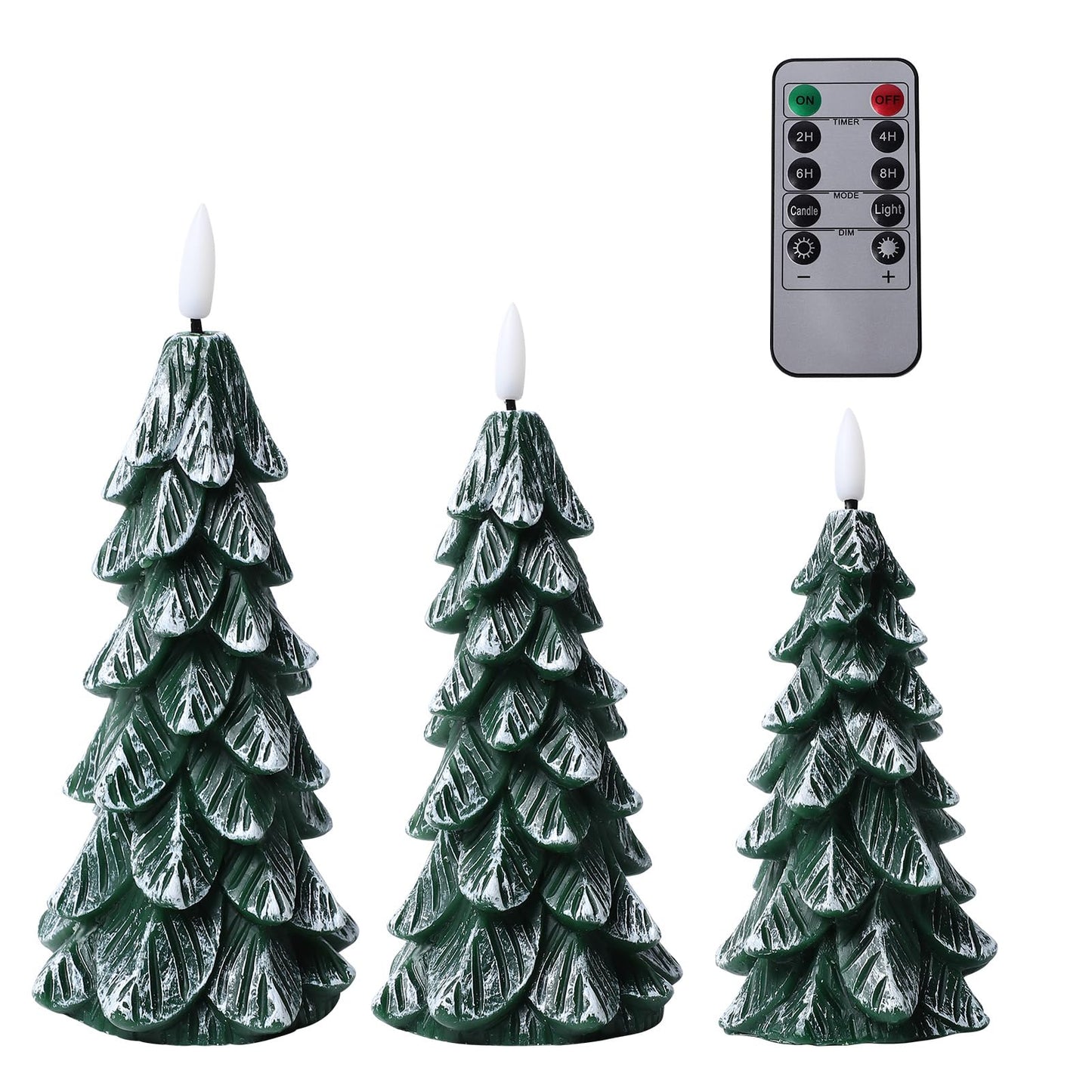 Peninpha 3Pcs Christmas Tree Candles with Remote Timer, Wax LED Flameless Candles Battery Operated with 3D Flickering Flame for Xmas Winter Décor,Green