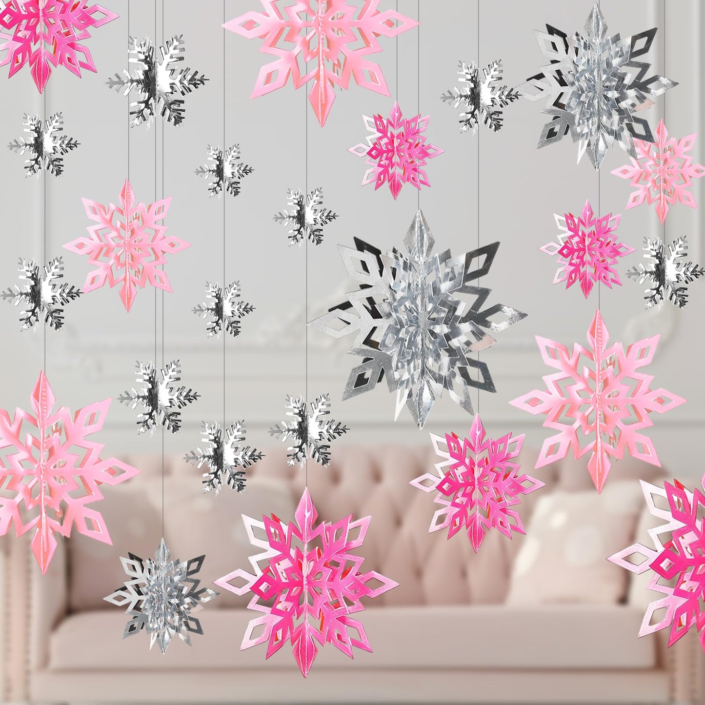 Whaline 30Pcs Christmas Hanging Decorations Large 3D Pink Silver Snowflake Paper Pendant Ornament with String Silver Snowflake Garland for Xmas Winter Wonderland Party Home Ceiling