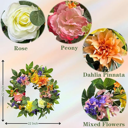 22 Inch Lighted Spring Summer Wreath for Front Door,Dahlia Pinnata, Roses, Eucalyptus Leaves, Peony, Mixed Flowers,Artificial Wreath for Front Door Spring Outdoor Home Decor Easter Decor