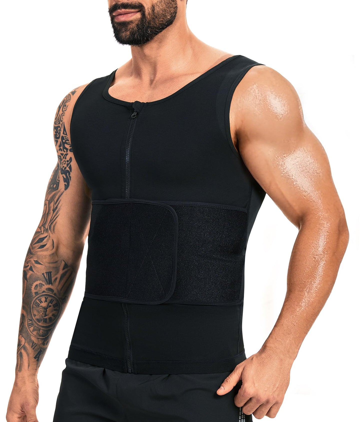 FUXERT Sauna Vest for Men Waist Trainer Sauna Shirt for Men Zipper Sweat Belt Tank Top for Belly Fat(SOBK L/XL)
