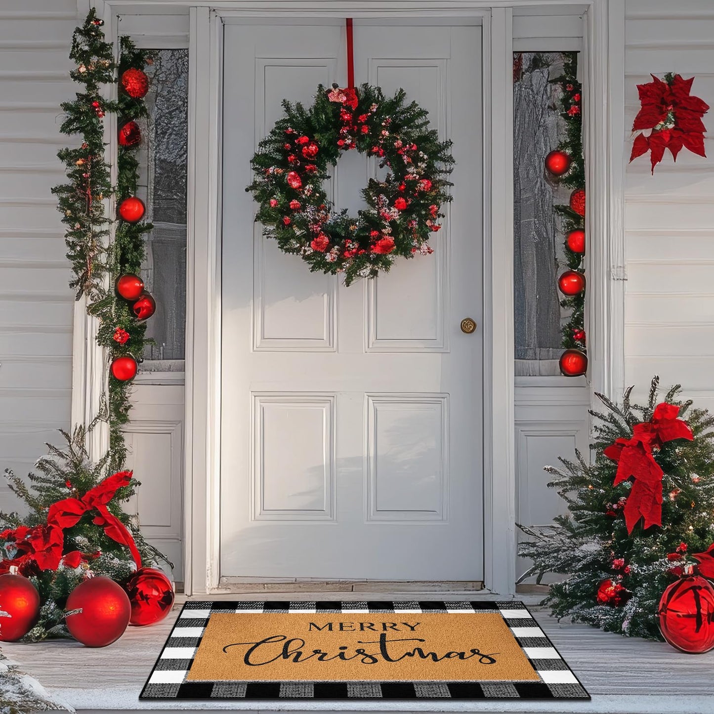Duraaamo 2 Pcs Christmas Doormat Merry Christ Non Slip Outdoor Rug Xmas Welcome Layered Buffalo Floor Mats for Front Porch Entryway(Black White,Plaid)
