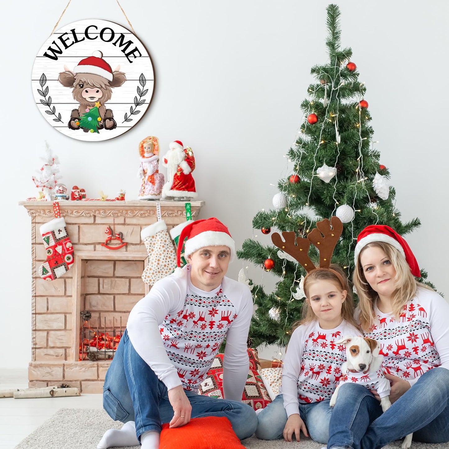 Vicenpal 35 Pcs Patriotic Interchangeable Highland Cow Welcome Sign 4th of July Highland Cow Seasonal Wooden Hanging Door Decor Farmhouse Hanging Sign for All Seasons Holiday Party Decor(White)