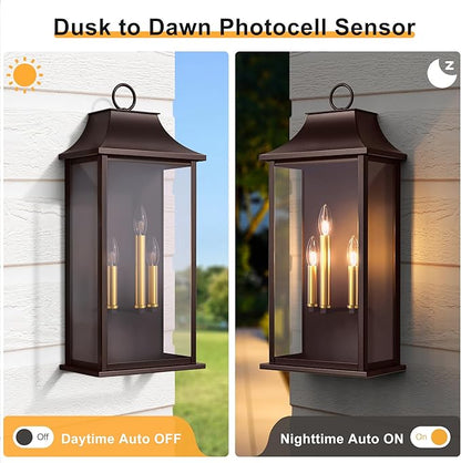 Dusk to Dawn Outdoor Wall Light 3-Light, 25.3" Large Outdoor Light Fixture, Oil Rubbed Bronze Exterior Wall Lantern, Waterproof Outside Wall Sconce for House Porch Patio