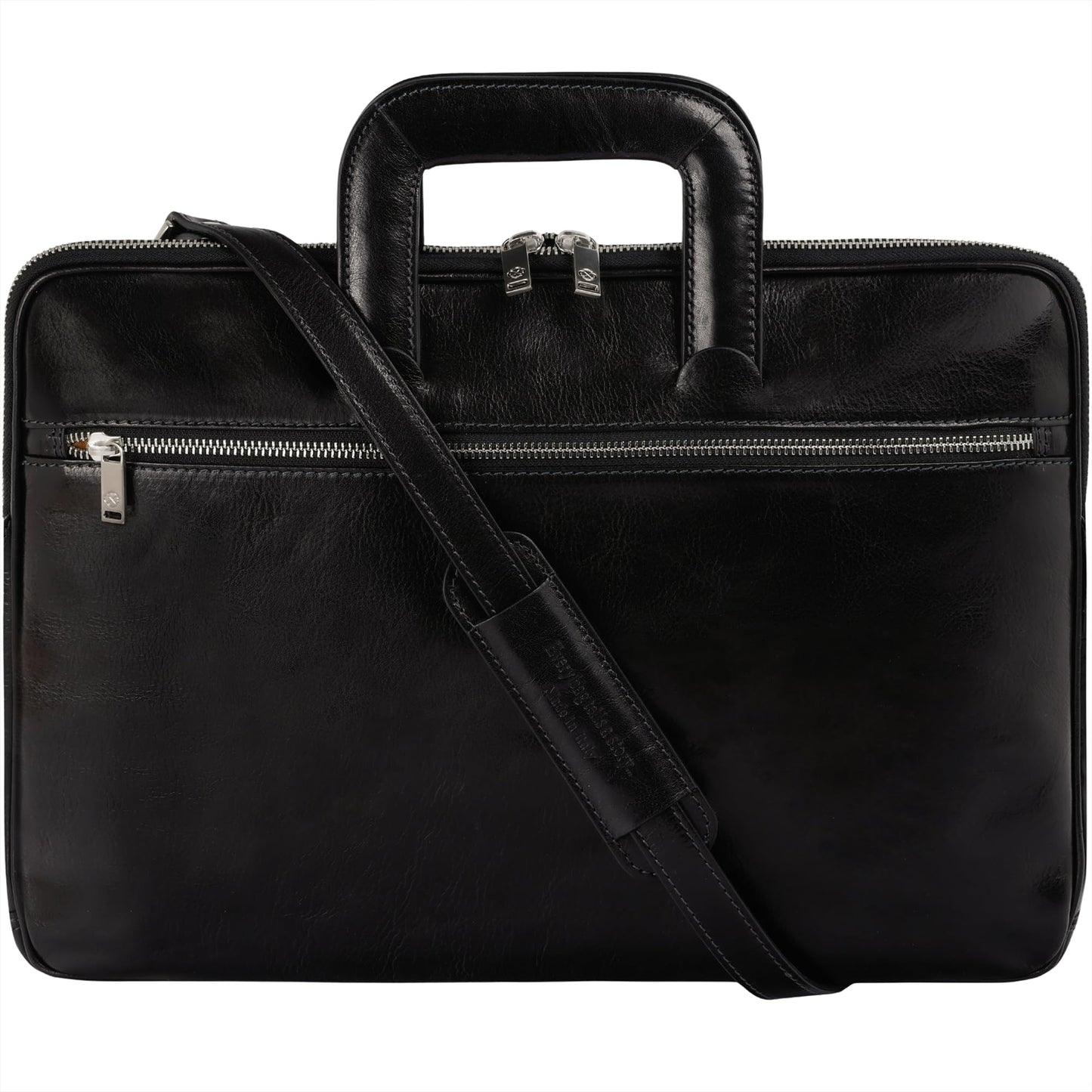 Time Resistance Slim Leather Briefcase - Italian Handmade Leather Laptop Bag for Men and Women (Black)