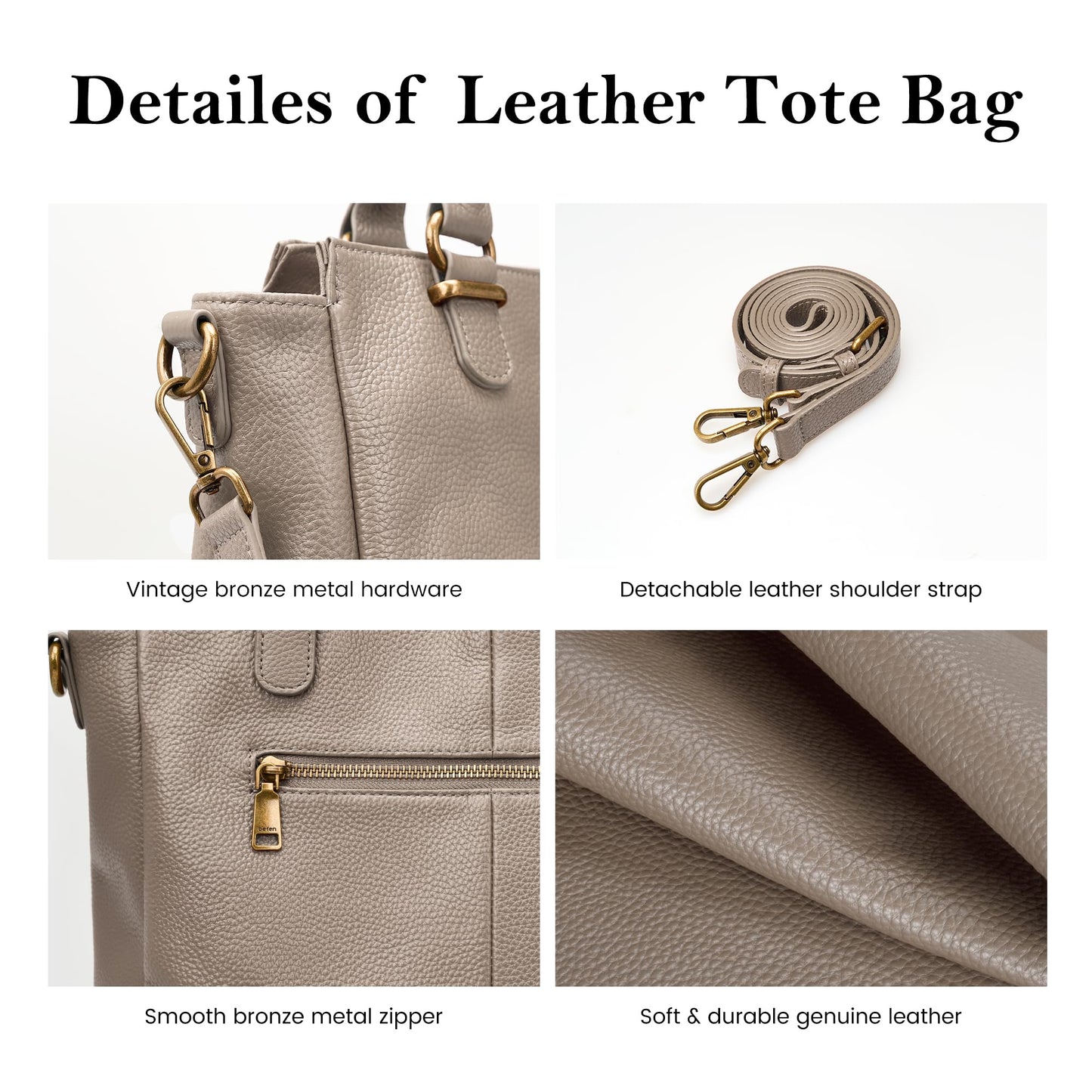 befen Soft Genuine Leather Medium Tote Bag Crossbody Bags for Women Leather Purses Handbags Satchel Purse Shouder Bag with Top Handles for Daily & Travel Taupe