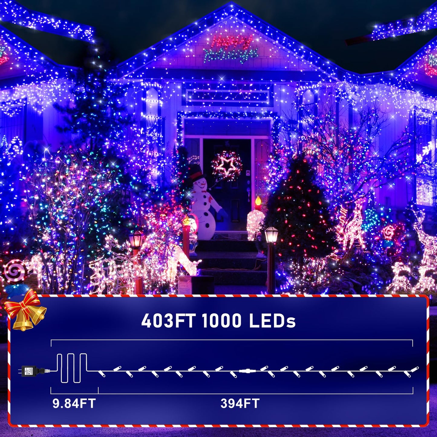 KNONEW 403ft 1000 LED String Lights Outdoor Christmas Light 8 Modes & Timer Fairy Lighting Plug in Waterproof for Xmas Yard Tree Wedding Party Holiday Decorations (Blue)