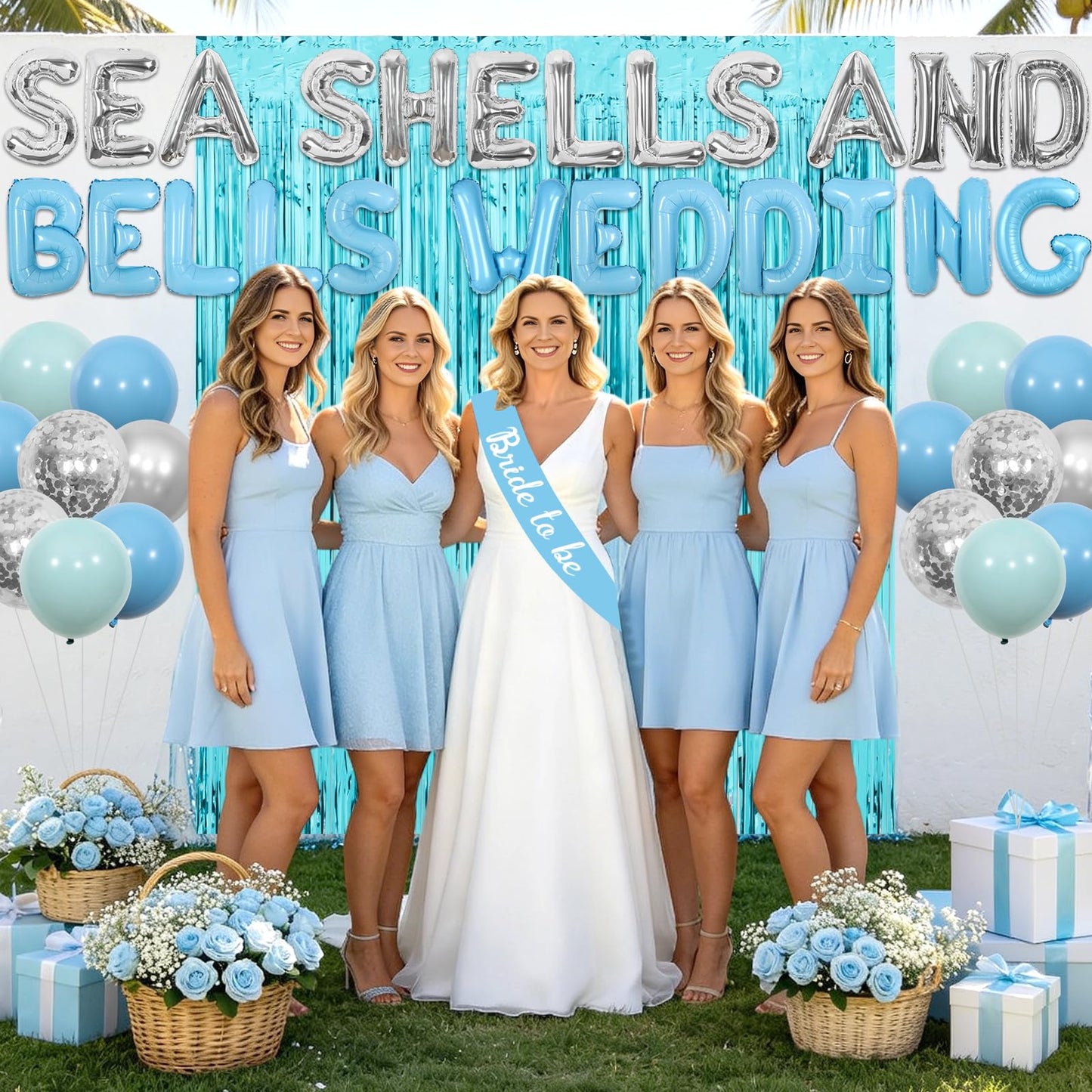 Fangleland Seashells and Wedding Bells Bachelorette Decorations, Blue Beach Theme Banner Garland Cake Topper Sash Fringe Curtain Balloons, Coastal Bridal Shower Engagement Party Supplies