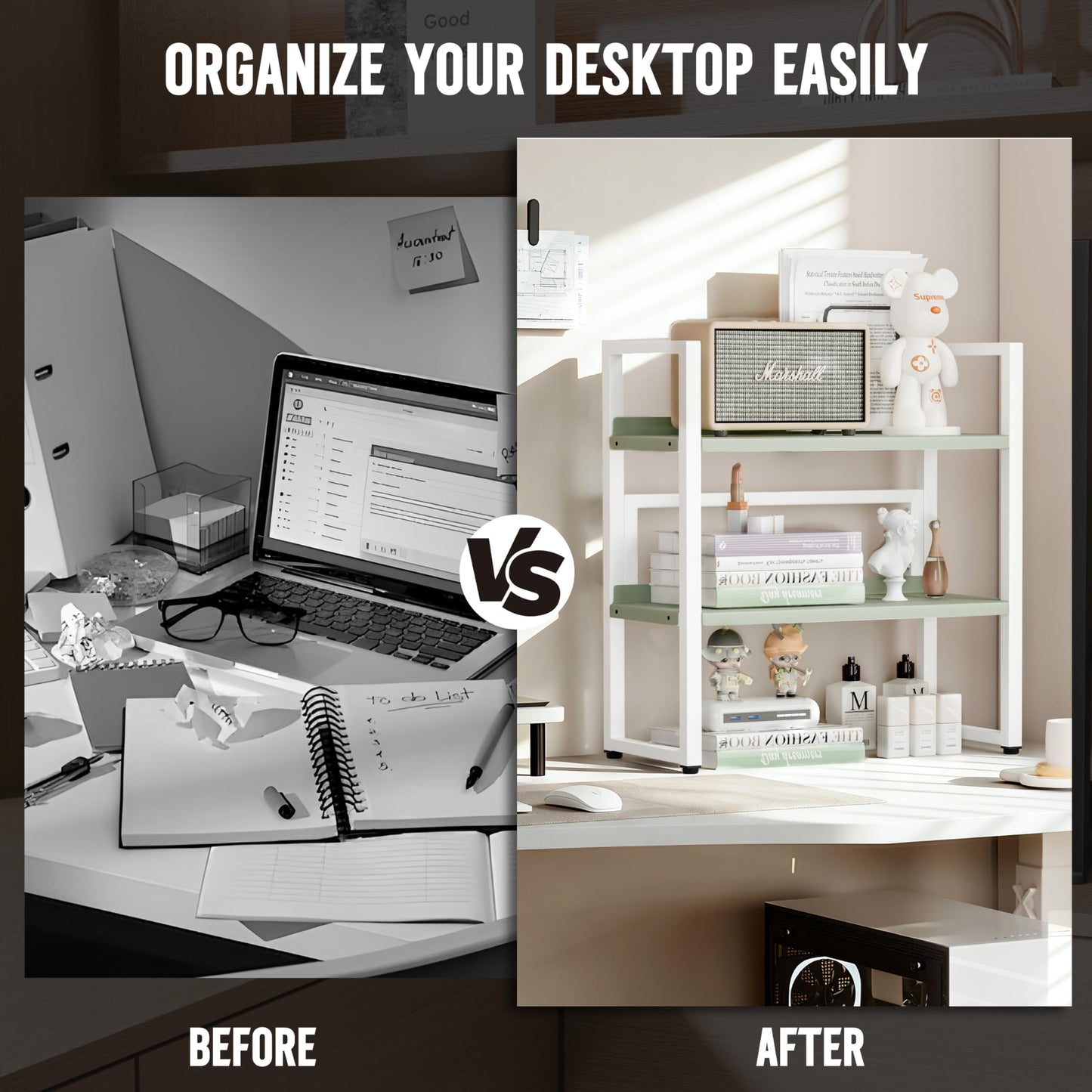 Brakki Desk Shelf Organizer, Adjustable 2 Tier Metal Desktop Shelves, Desktop Bookshelf Organization with Foot Mat, Multi-Functional Small Storage Rack for Office Dorm Home, White and Green