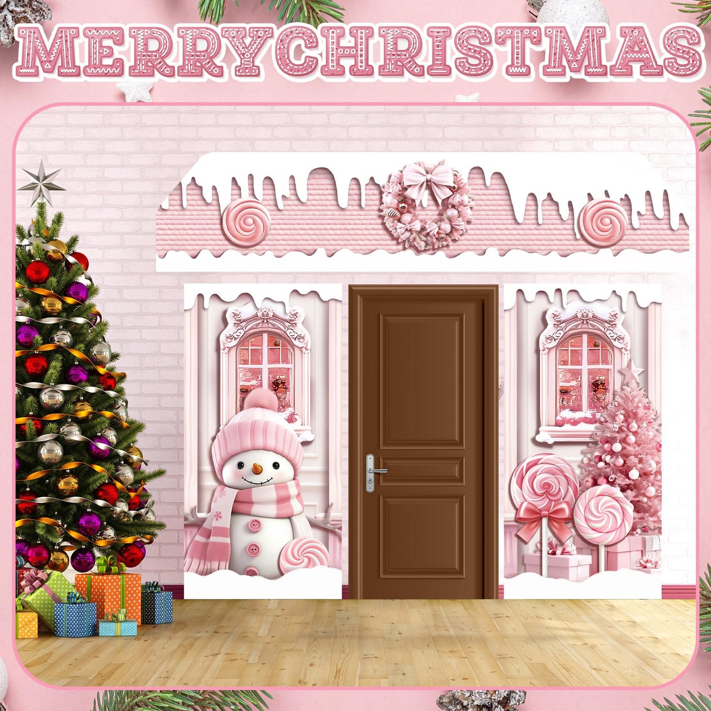 HunnmingRe 3 Pcs Christmas Gingerbread House Decorations Gingerbread Door Covers Backdrop Christmas Door Banners for Xmas Holiday Party Photography Photo Background Decor(Pink Style)