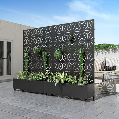 Casaphoria Metal Raised Garden Bed with Trellis and Wheels, 72"x47"x16" Planter Box for Climbing Plants, Vegetables & Vines, Features Drainage Holes and Privacy Screen (Black-Star)