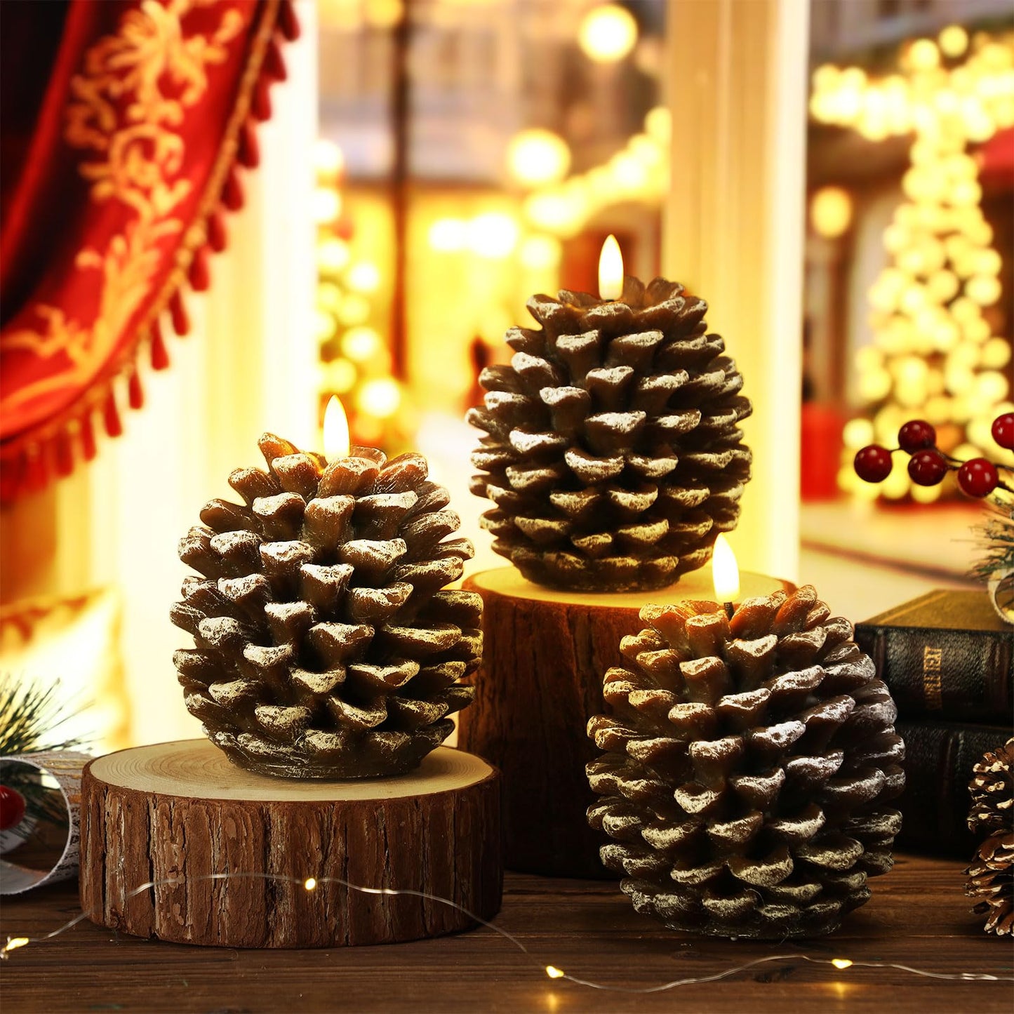 Baquler 3 Pcs LED Pine Cone Candles, Battery Operated, Flameless, Real Wax Pine Cone Candles with LED Flickering for Christmas Party Decoration