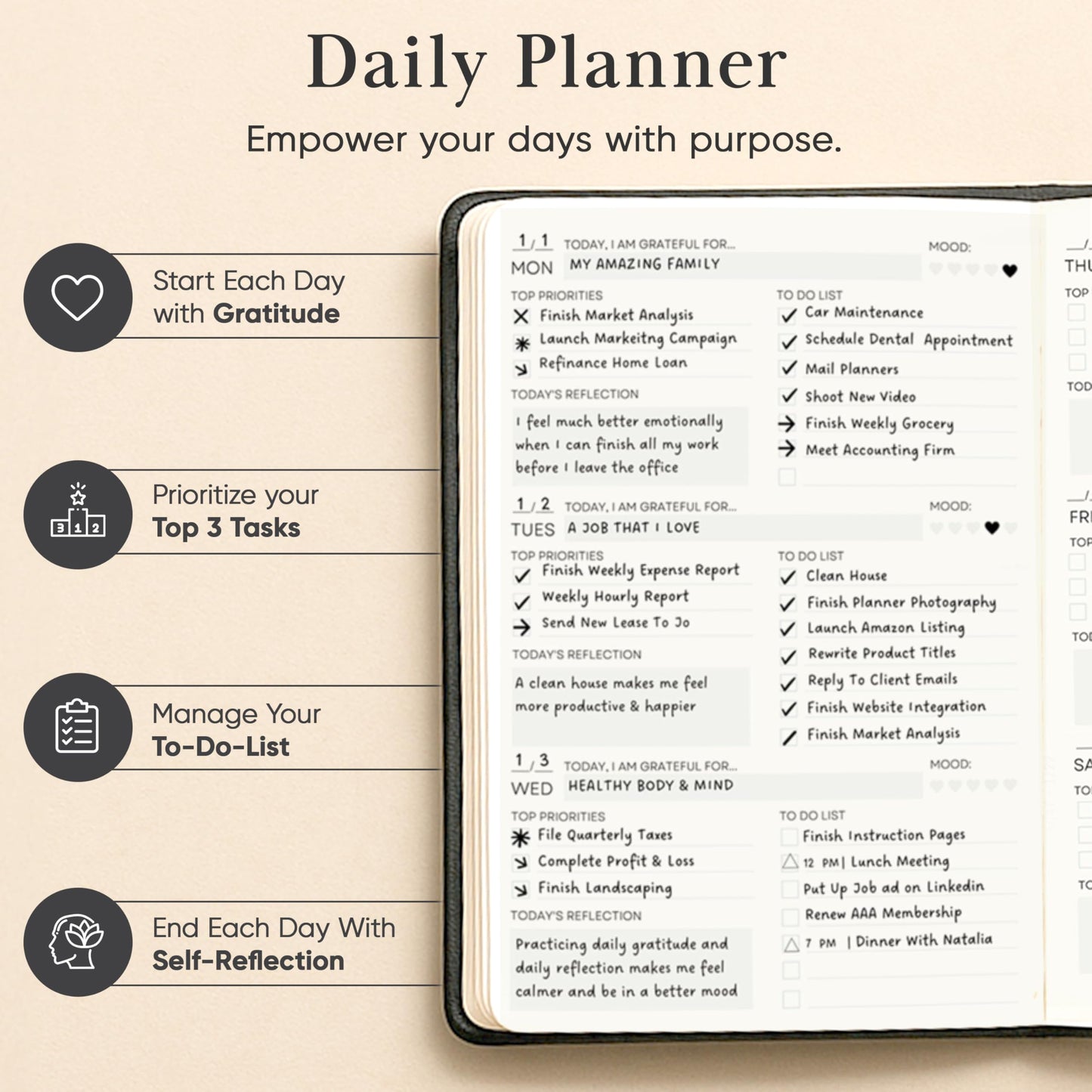 Mantra Planner 2026 Planner, Daily Journal & Gratitude Journal All-In-One with To Do List, Self Care Prompts & Habit Tracker - 7 x 10 - Black