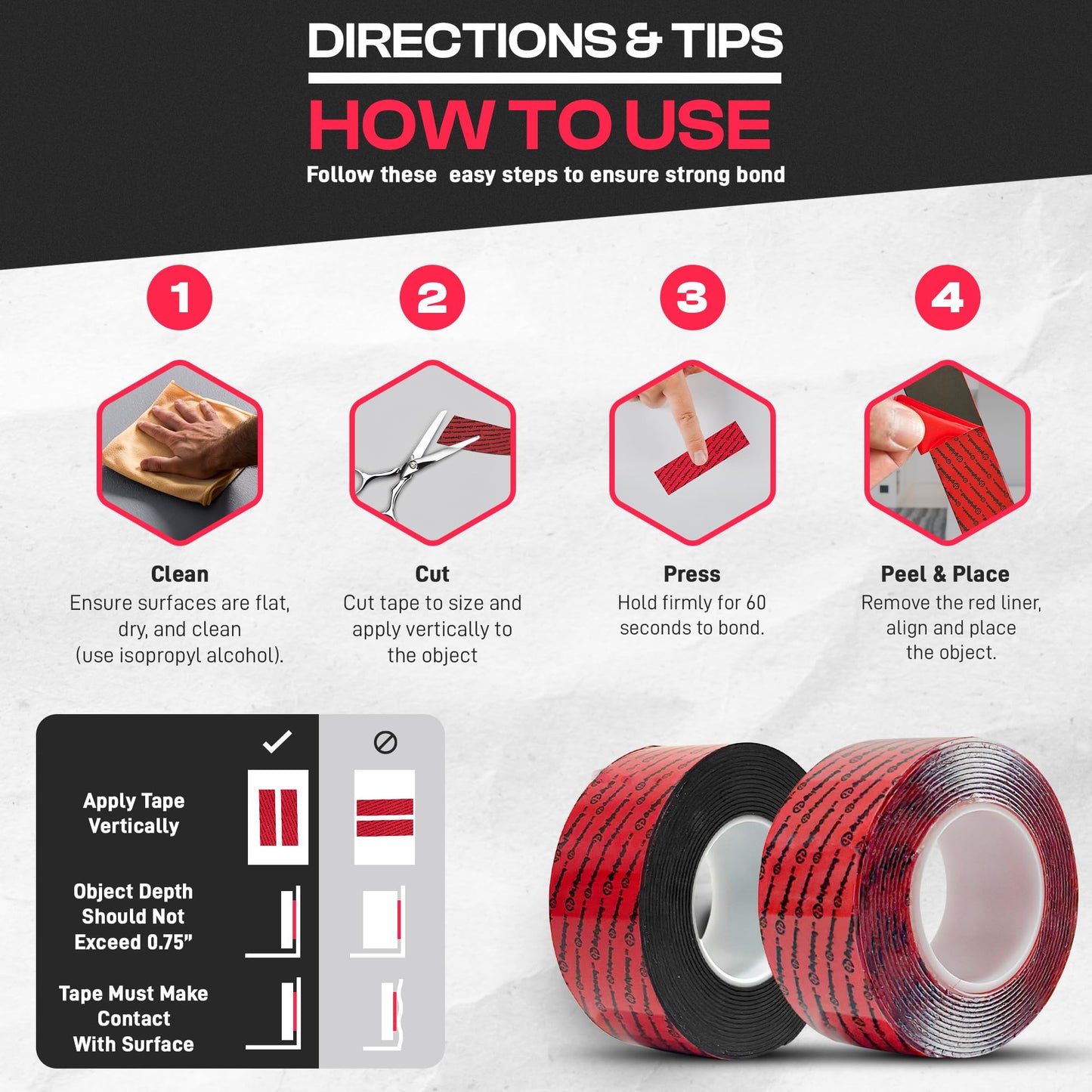 GripBond Black Super Bond Heavy Duty Double Sided Tape, 1 Roll (10 Ft), 1.2” x 120” – Waterproof Adhesive Mounting Tape for Indoor/Outdoor, Walls, Automotive, Car, LED Strip Lights, Home, Office