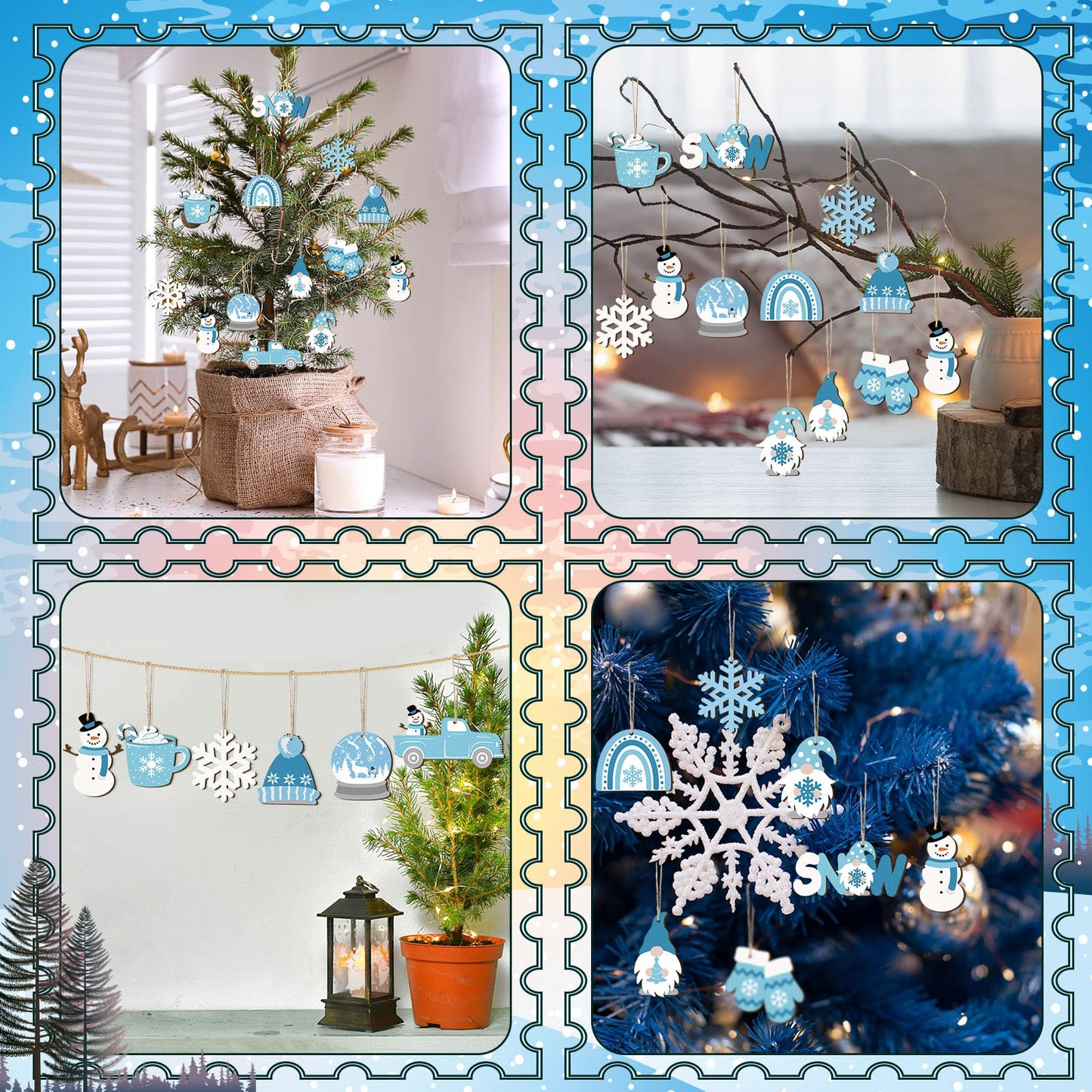 Chunful 36 Pieces Winter Frost Wood Ornaments Ice Bear Cedar Snowflake Glove Truck Hello Winter Ornaments Mini Welcome Christmas Tree Hanging Sign Decorations