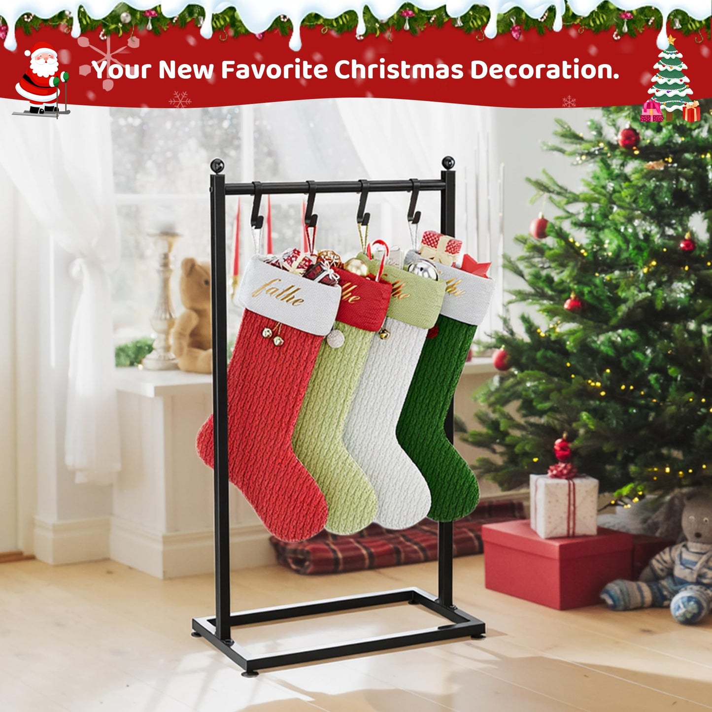 VERSASKY Christmas Stocking Holder Stand for Floor, Free Standing Stocking Rack with 4 Removable Hooks, Heavy Duty Metal Frame, 40 lbs Capacity, Adjustable Feet for Stable Display, Black