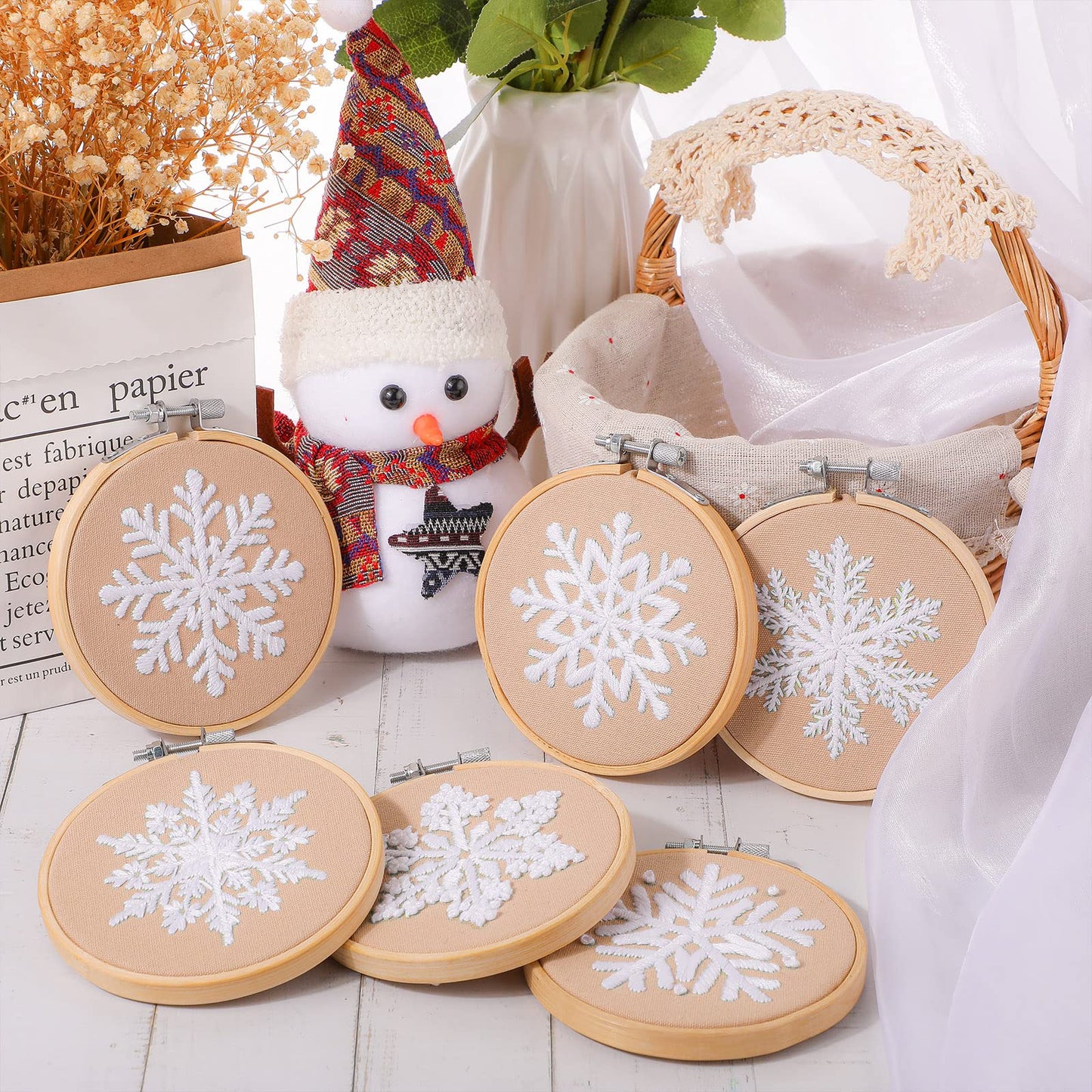 Roowest 6 Sets Christmas Embroidery Kits for Beginners Adults Winter Snowflake Cross Stitch Embroidery Ornament Kit DIY Craft Needlepoint Set with Pattern Instructions Thread Needle Ribbon(Tan)