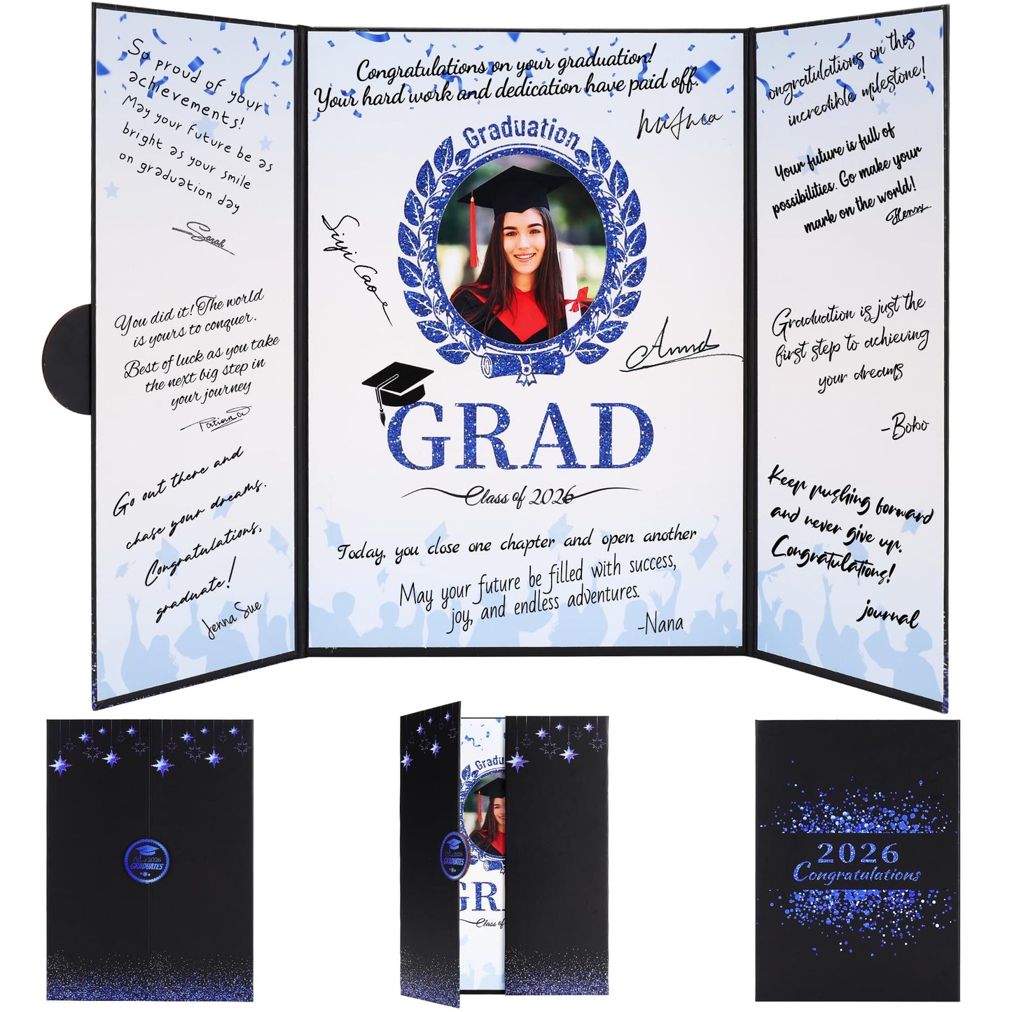 Forwe Graduation Guest Book 2026, Graduation Signature Board Sign in Book with Picture Frame for 4x6 Photo, Class of 2026 Graduation Party Decorations (Black&Blue)