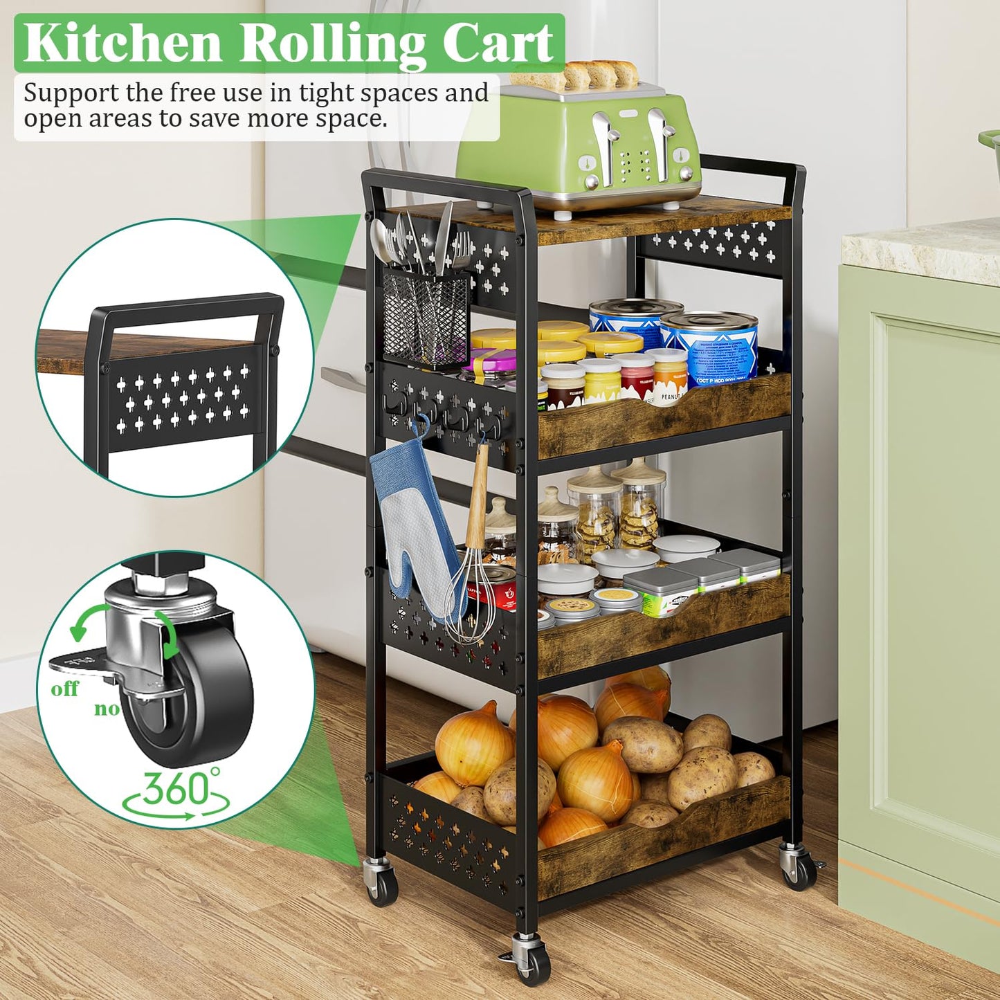 MJIMKE 4-Tier Utility Rolling Cart with Wheels - Kitchen Organizations and Storage Metal Cart, Detachable Fruits Coffee Snacks Art Craft Storage Cart for Bathroom, Pantry & Laundry, Black