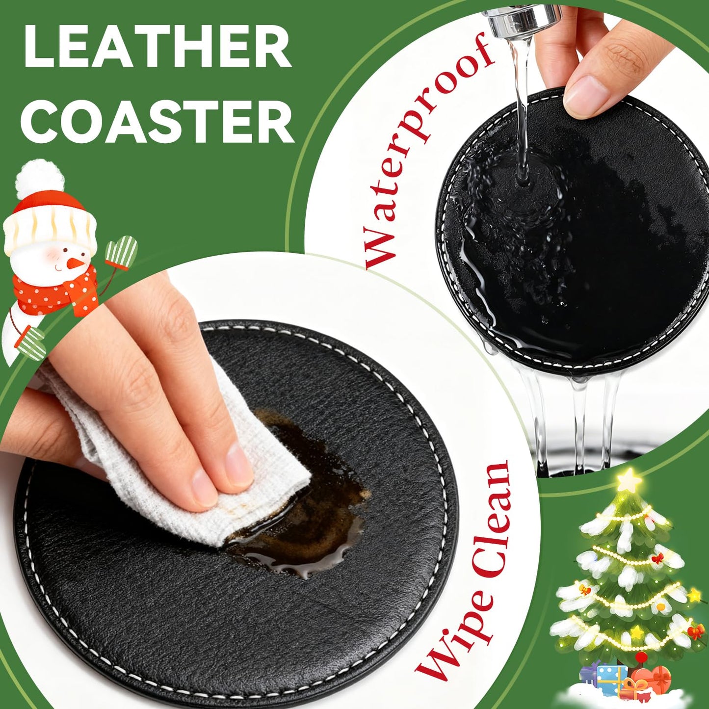 Custom Leather Coaster, Personalized Set of 6 Coasters for Drinks with Holder, DIY Logo Name Image, Durable, Non-Slip, Waterproof Leather Coaster for Home, Office, Bar, Cup Housewarming (Round)