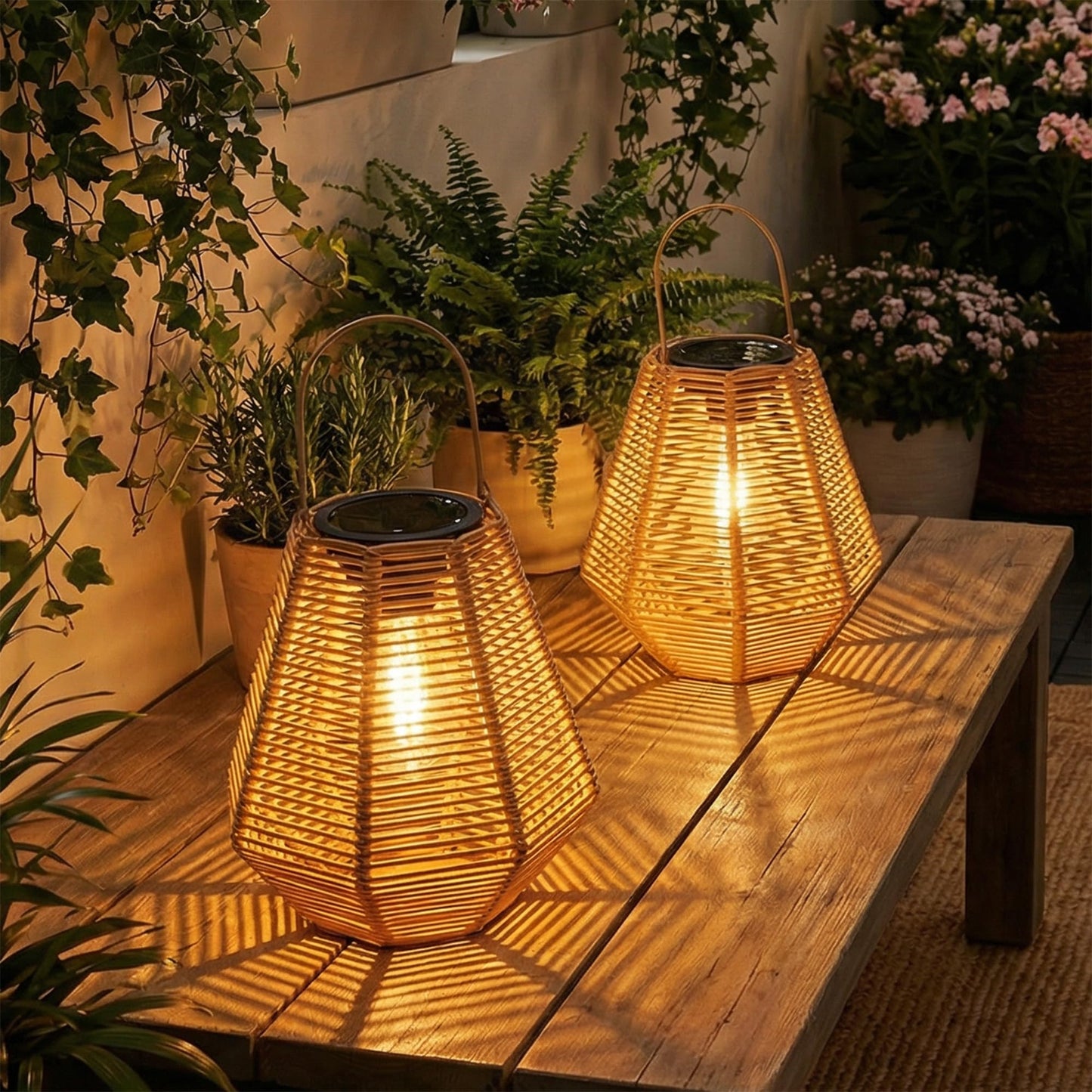 pearlstar Solar Lanterns Outdoor Waterproof 2Pack Rattan Woven Hanging/Table Solar Lights with Warm White Edison Light Bulbs for Patio Yard Garden Outside Boho Decor, Gifts for Mom Women