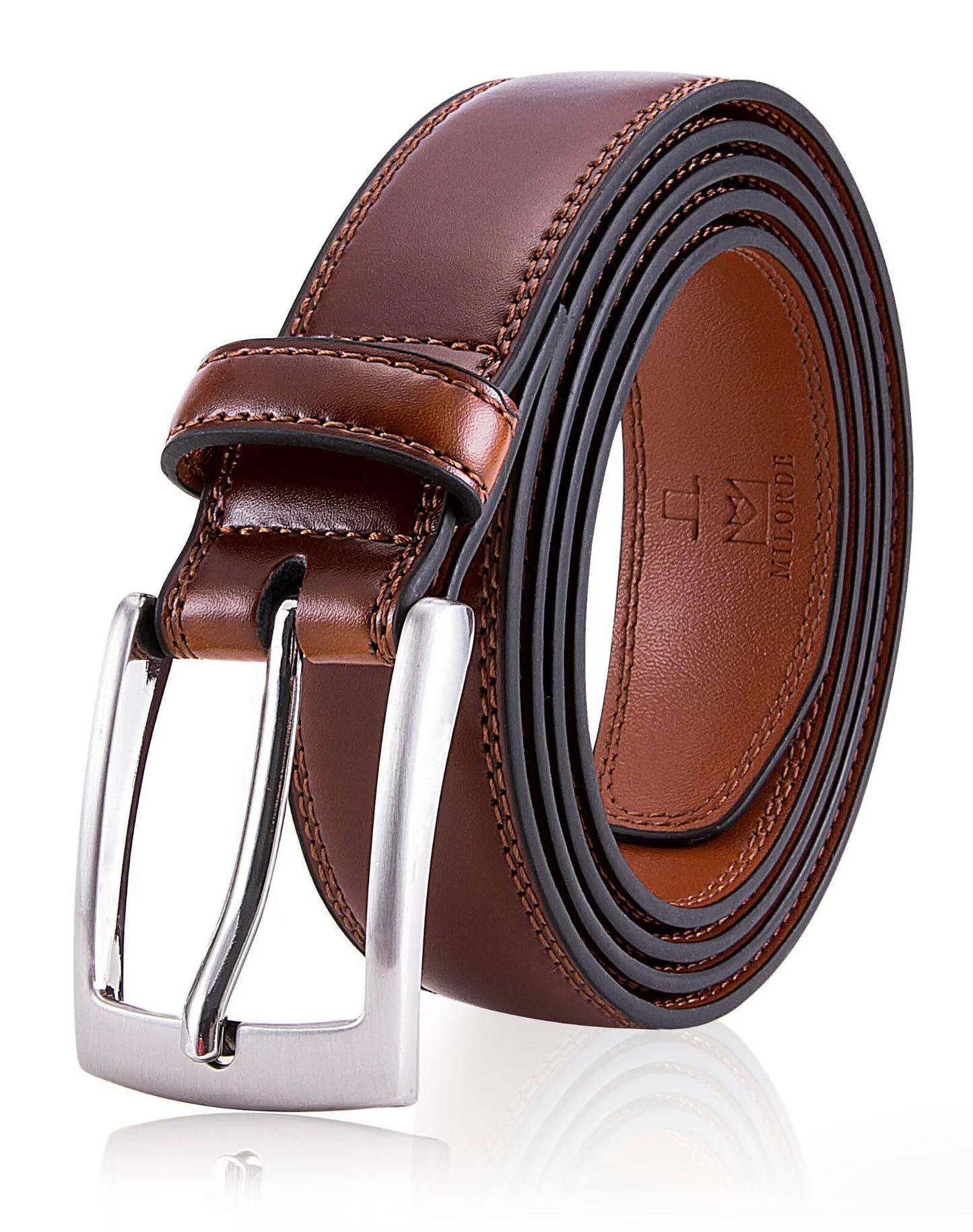MILORDE Men's Genuine Leather Dress Belt, Handmade, Designs for Work Business and Casual (Size 30 (Waist 28), Burnt Umber)