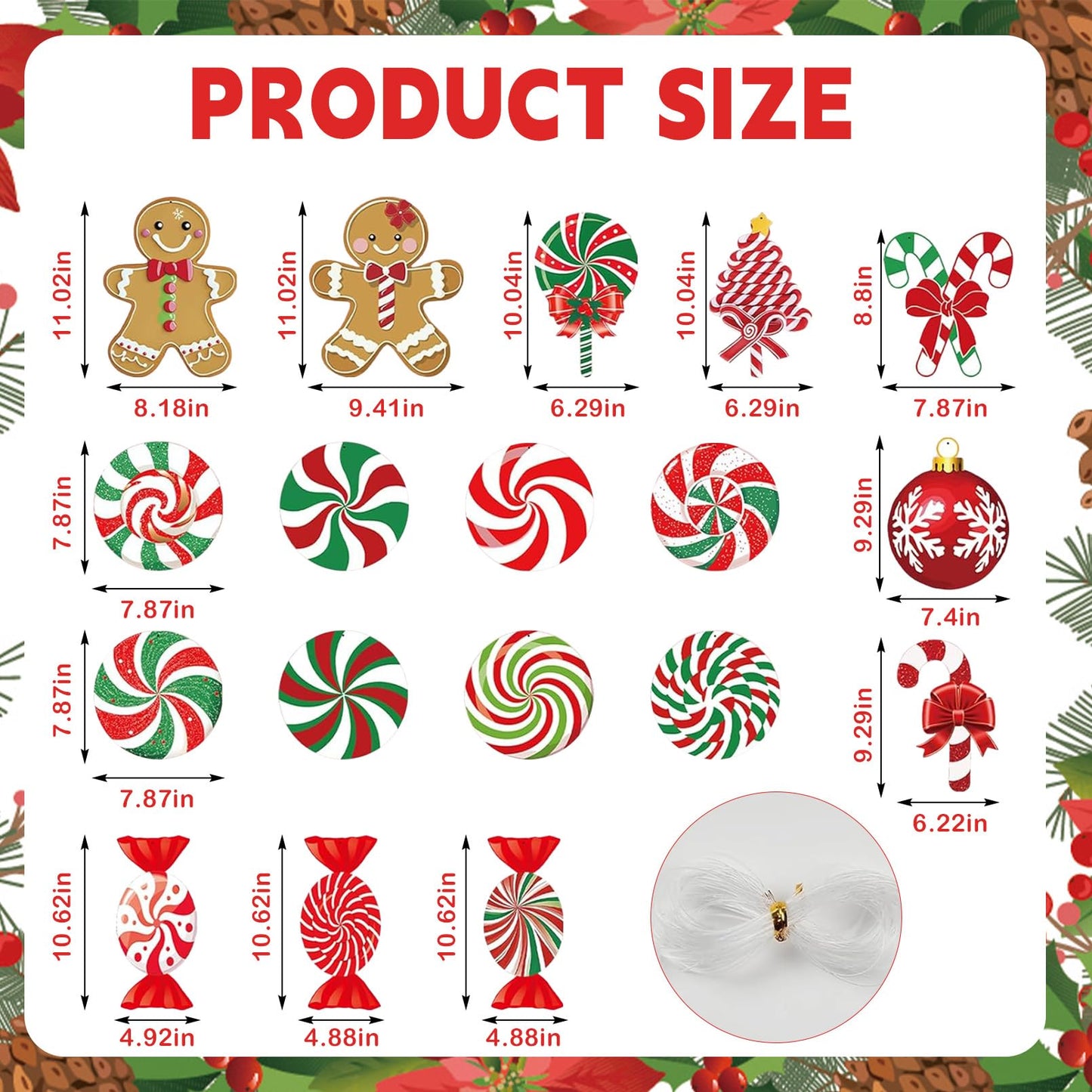 18 Pcs Gingerbread Christmas Ornaments, Candy Gingerbread & Peppermint Yard Signs, Outdoor Xmas Hanging Ornaments for Lawn, Festive Winter Party Supplies