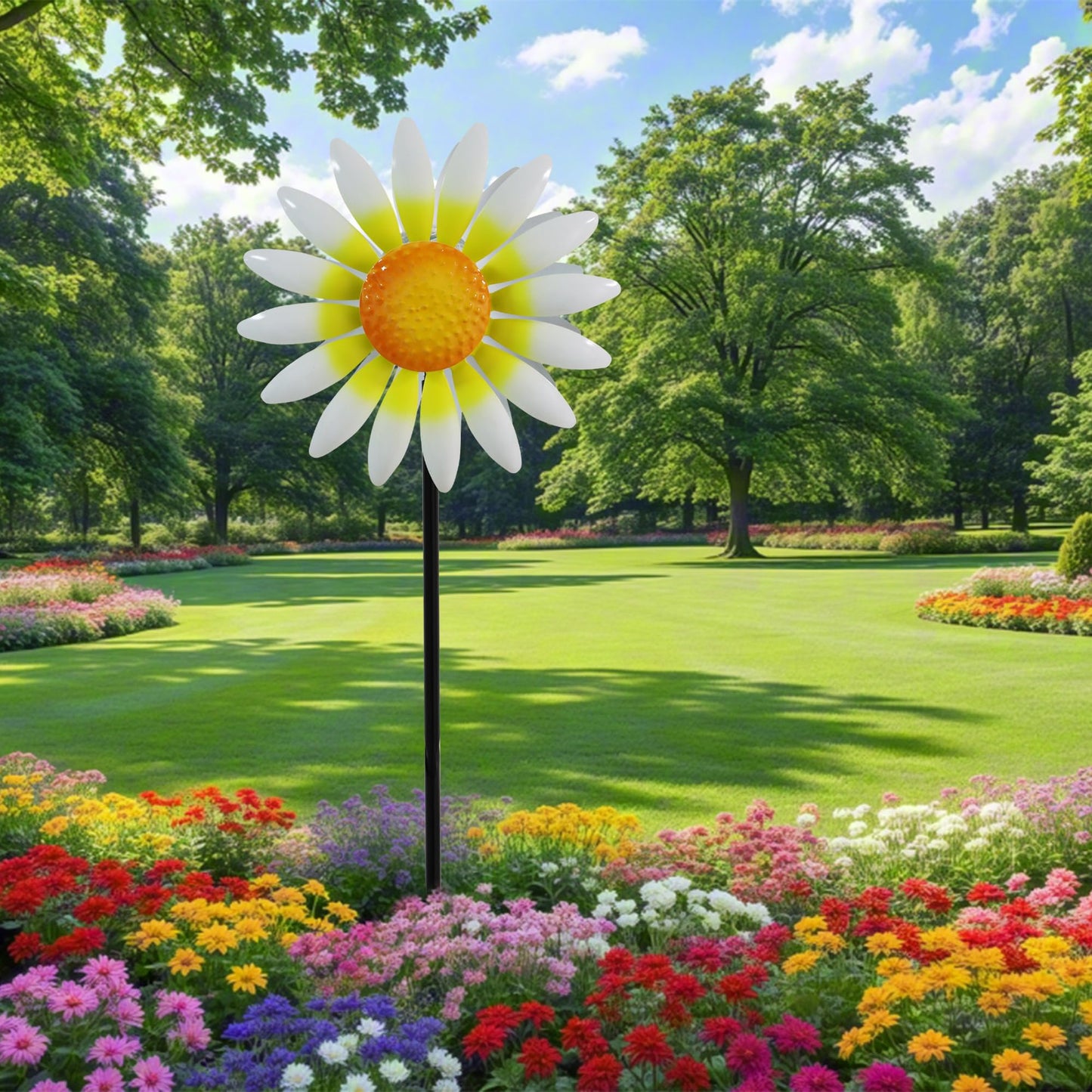 Decorative Metal Garden Daisy Wind Spinner, Decorative Garden Stakes, Daisy Wind sulpture for Yard Patio. Outdoor Yard Art. (White)