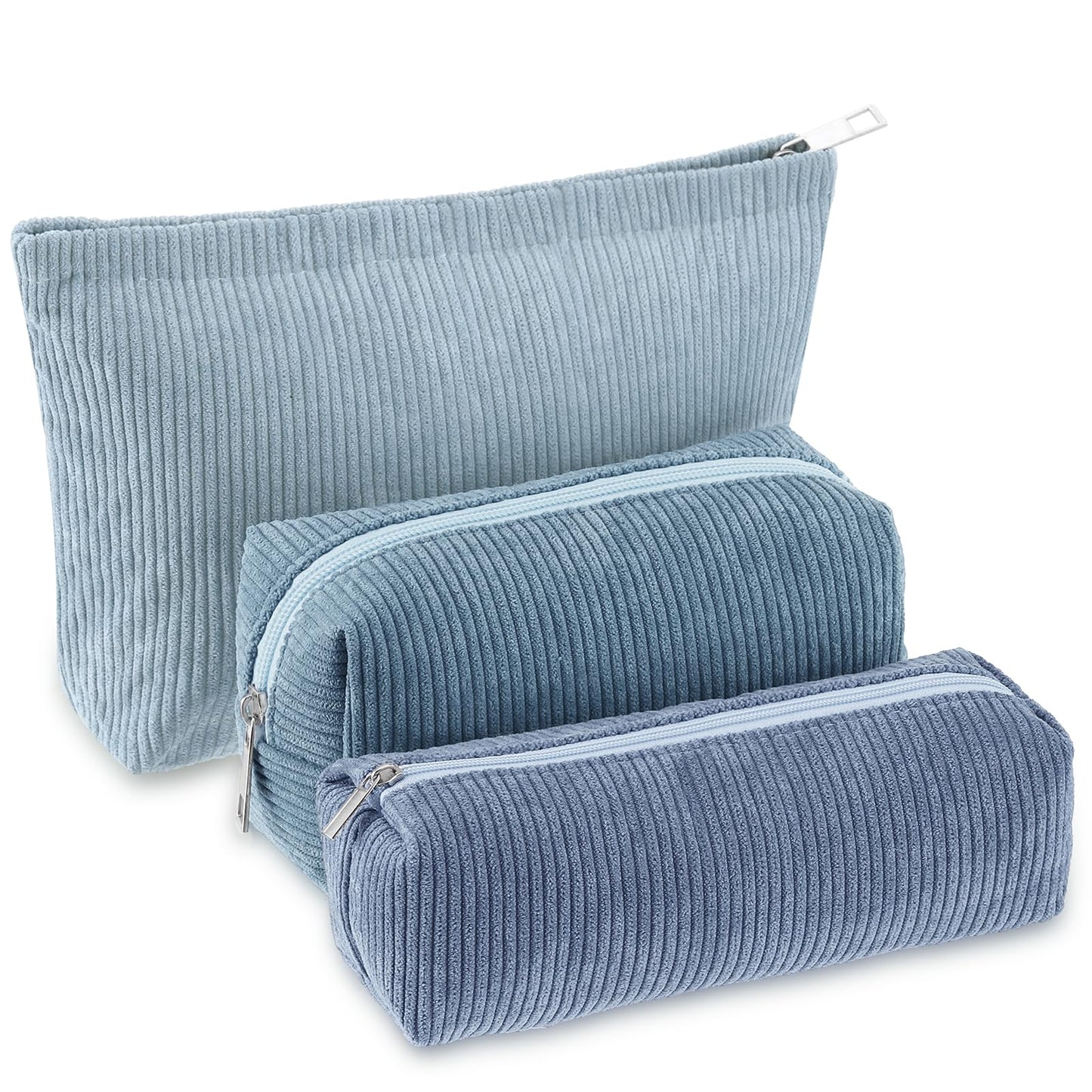 Huhumy 3 Pcs Makeup Bag Set for Women Corduroy Cosmetic Pouch Aesthetic Smile Travel Toiletry Bag Cute Purse Pouch Pencil Case Makeup Brushes Storage Organizer with Zipper(Blue,Gradient)