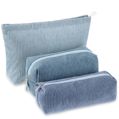 Huhumy 3 Pcs Makeup Bag Set for Women Corduroy Cosmetic Pouch Aesthetic Smile Travel Toiletry Bag Cute Purse Pouch Pencil Case Makeup Brushes Storage Organizer with Zipper(Blue,Gradient)