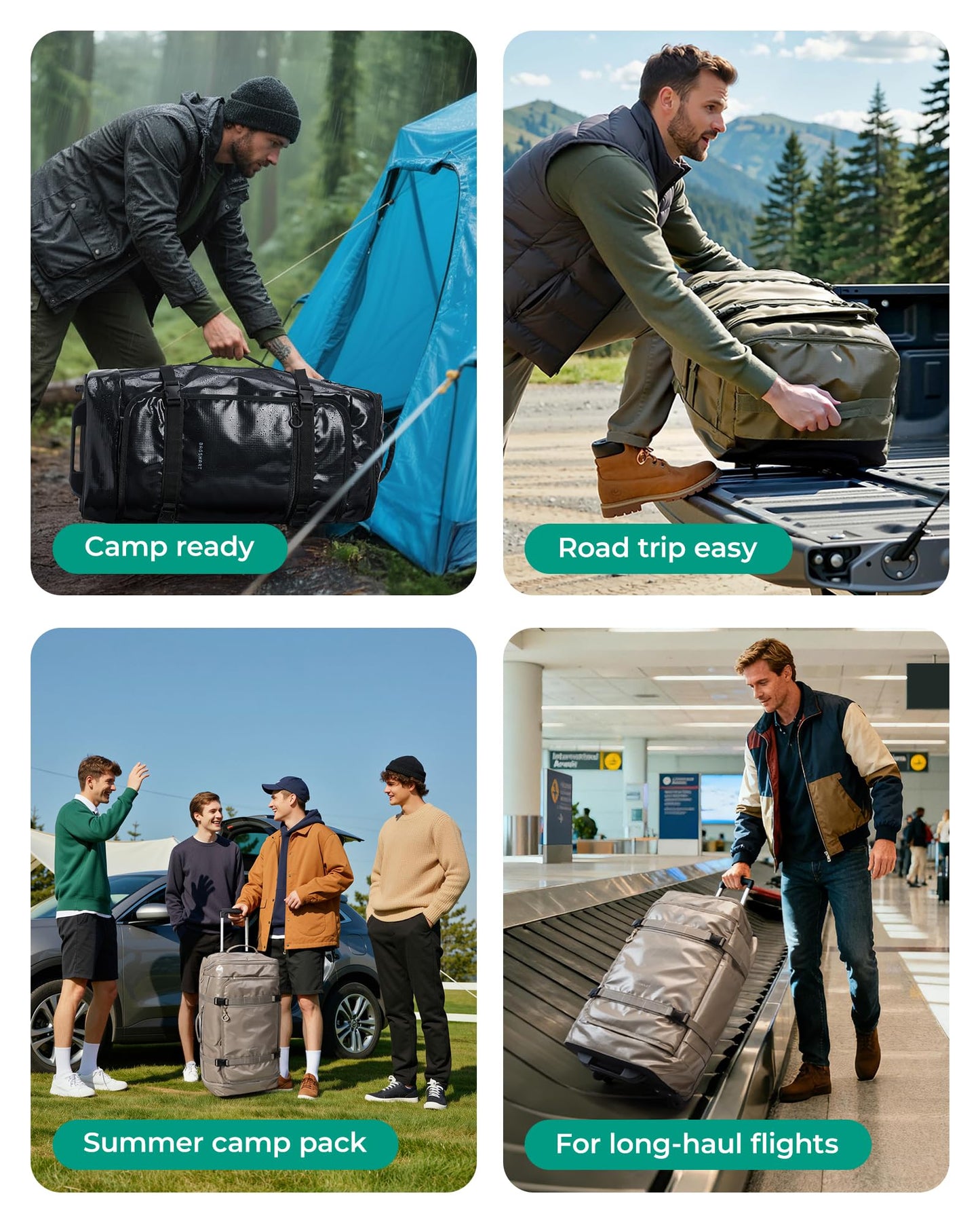 BAGSMART Rolling Duffle Bag with Wheels, Travel Duffel Luggage Bag for Men, Water Repellent Heavy Duty for Travel Camp, Olive Green, Large, 70L