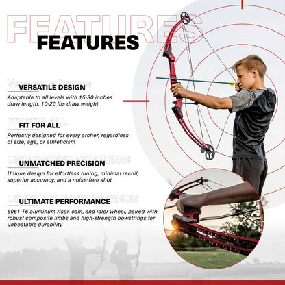 Genesis Original Compound Bow & Arrow Kit- Adjustable Riser, 15"-30" Draw Length, 10-20 lb Draw Weight, All Skill Levels, Draw Hand - Right, Red