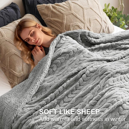 PHF Fluffy Sherpa Blanket Twin Size for Winter, Warm and Soft, 510GSM 3D Jacquard Thick Shaggy Fleece Plush Blanket for Sofa Bed, Grey, 60"x80"
